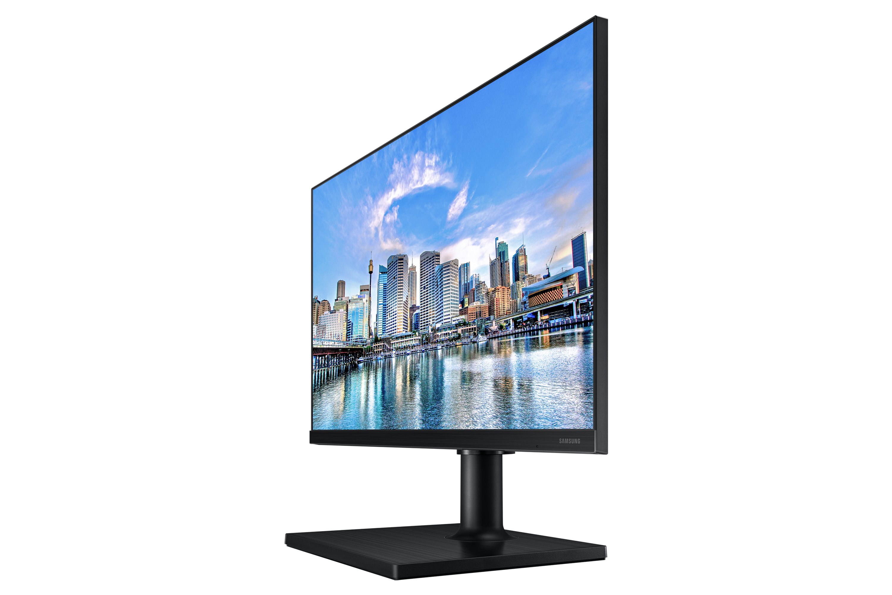 Il monitor Samsung mostra un paesaggio urbano. Supporto e cornice neri. Vista angolata.