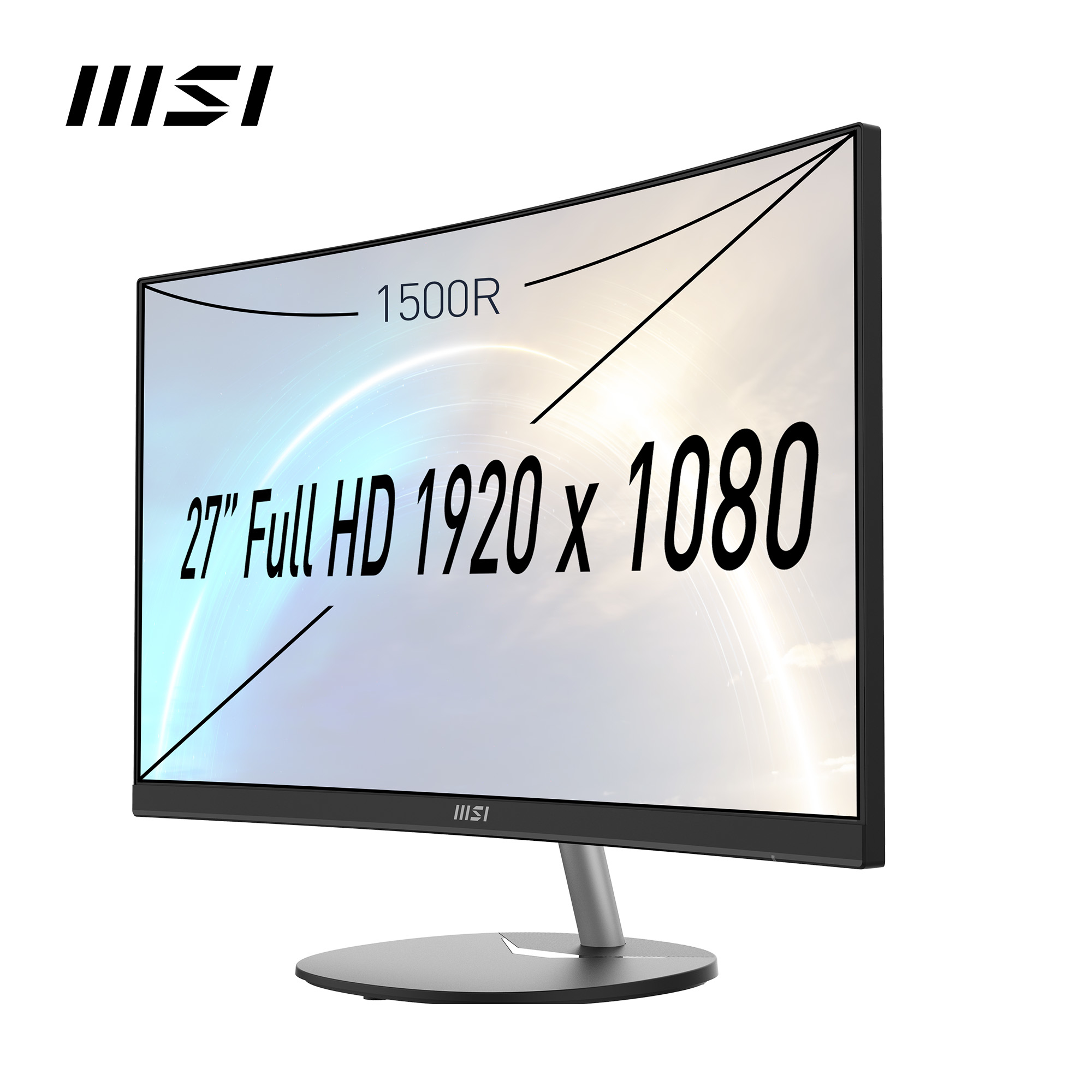 Un monitor curvo MSI que muestra el texto: 27" Full HD 1920 x 1080, con un fondo blanco y azul.