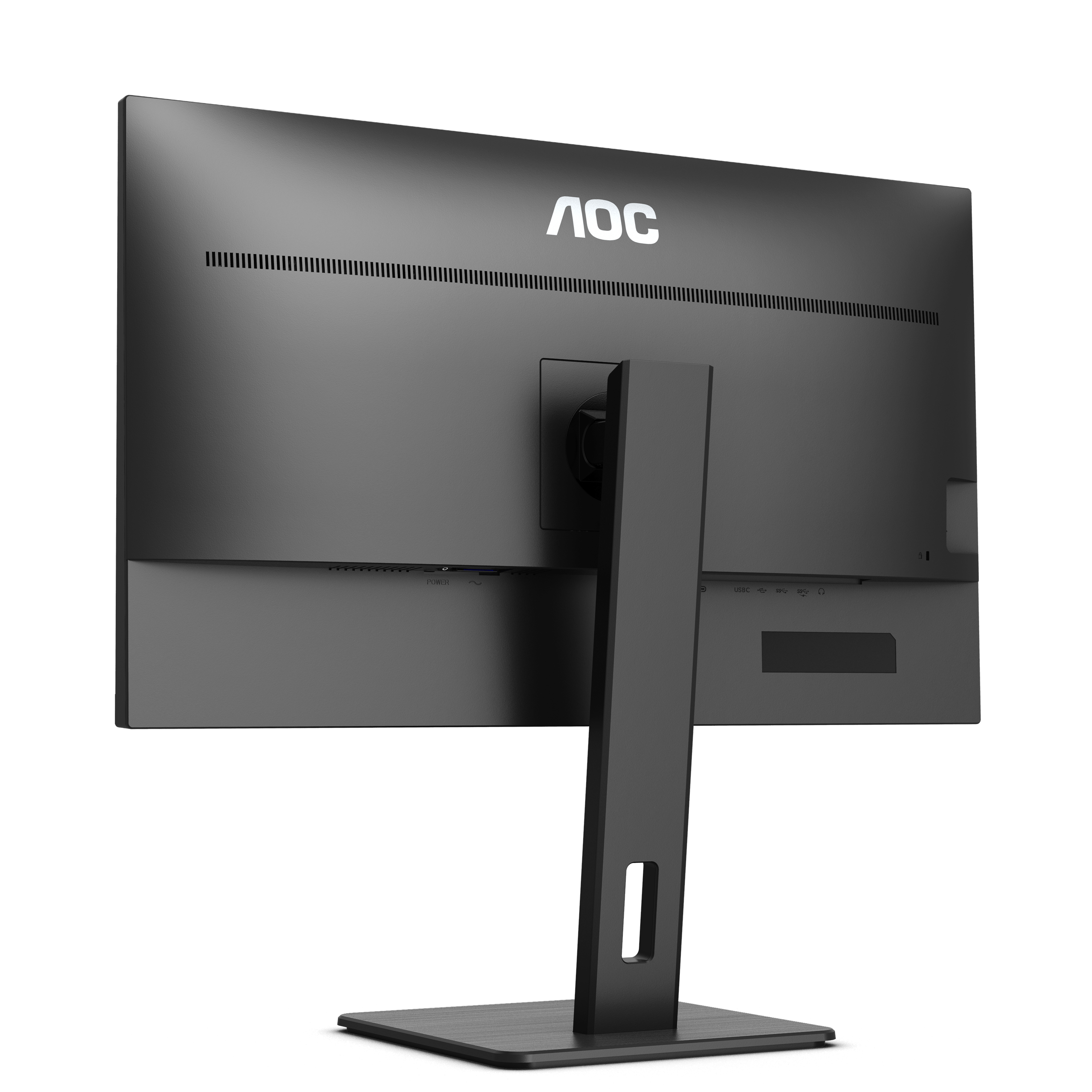 Vista posteriore di un monitor AOC nero su sfondo bianco con supporto nero.