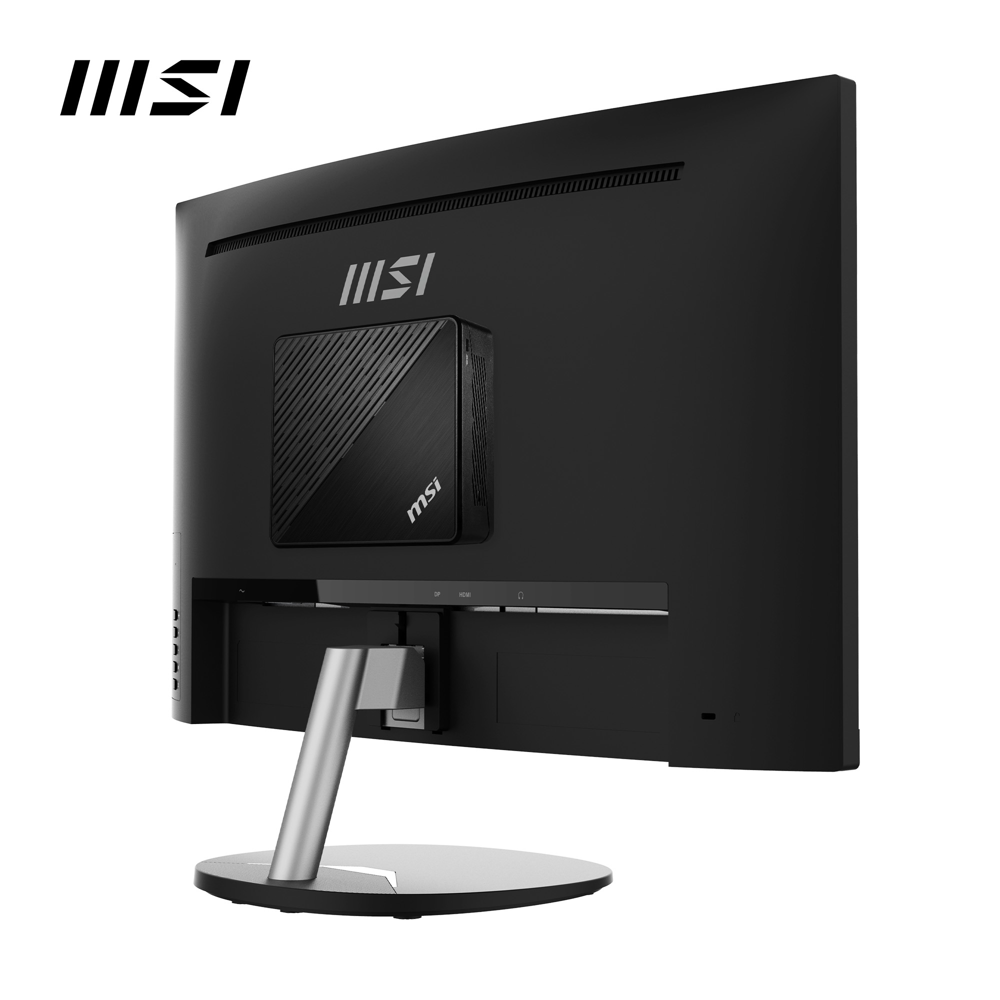 Parte trasera de un monitor MSI negro con un ordenador pequeño adjunto. El monitor tiene un soporte y un logotipo en la parte superior.