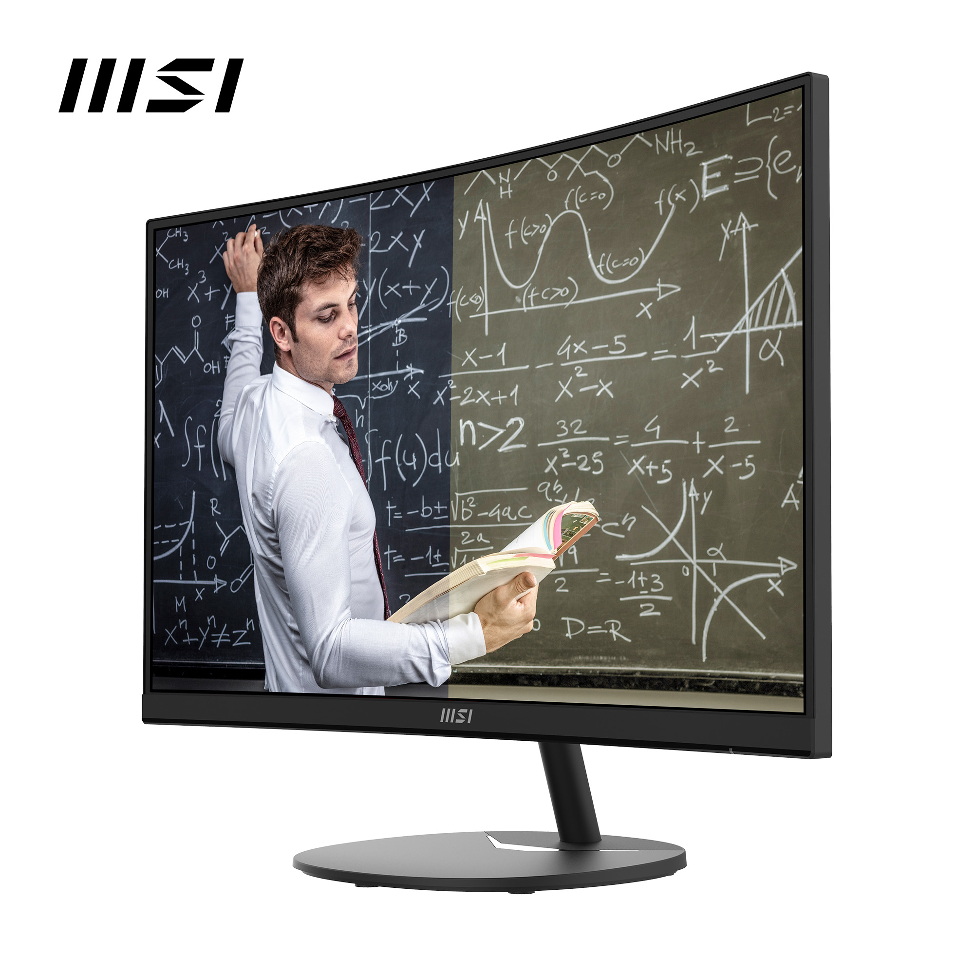 Monitor MSI con hombre escribiendo en pizarra, mostrando ecuaciones matemáticas, con logo MSI.