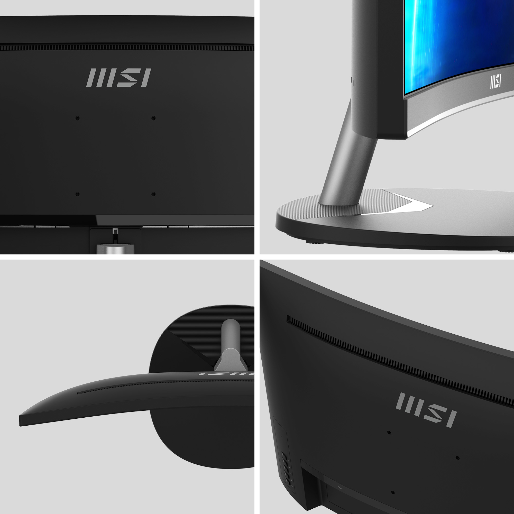 Primeros planos de un monitor MSI, mostrando detalles del diseño y estructura, desde múltiples ángulos.