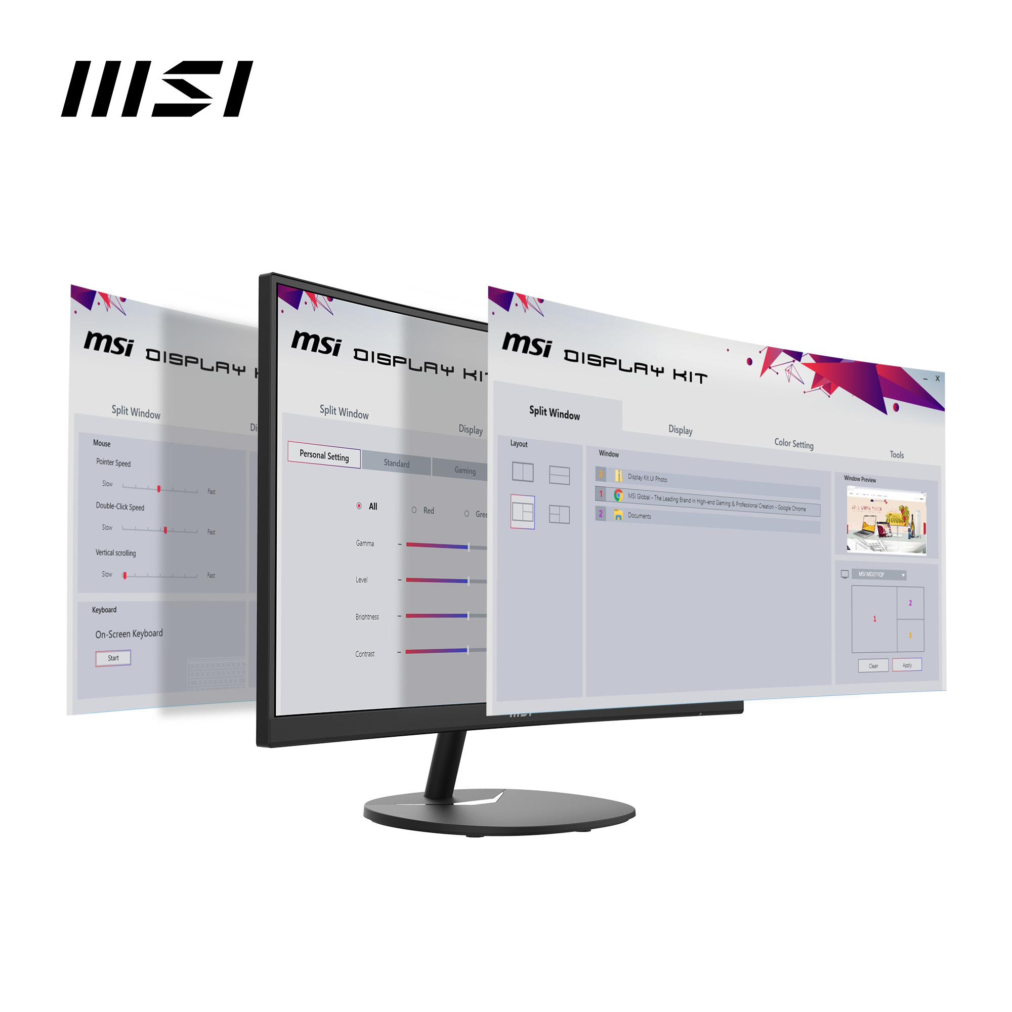 Monitor MSI mostrando tres ventanas de pantalla dividida con ajustes.
