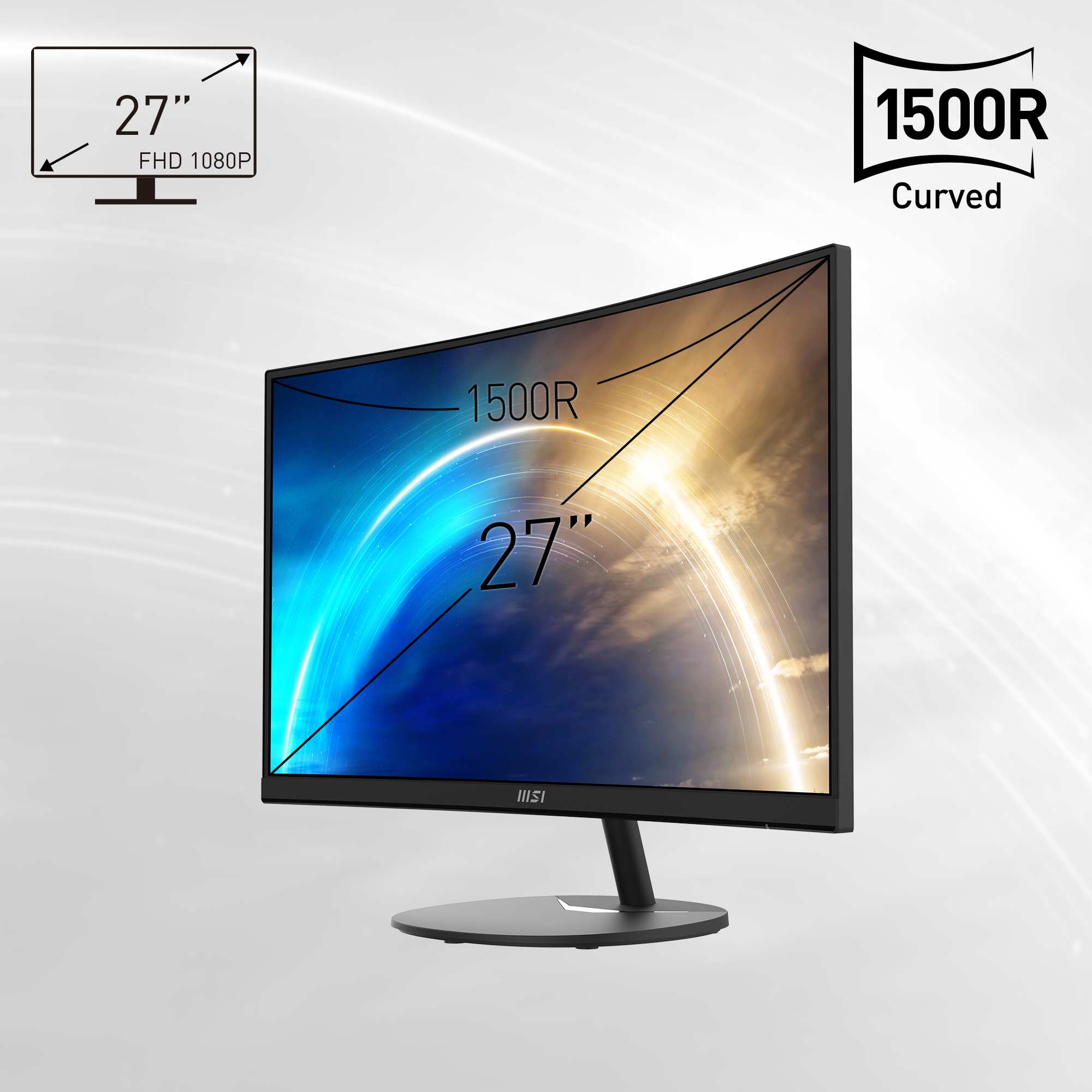 Monitor MSI curvado de 27" con imagen del cielo. Textos indican curvatura 1500R.