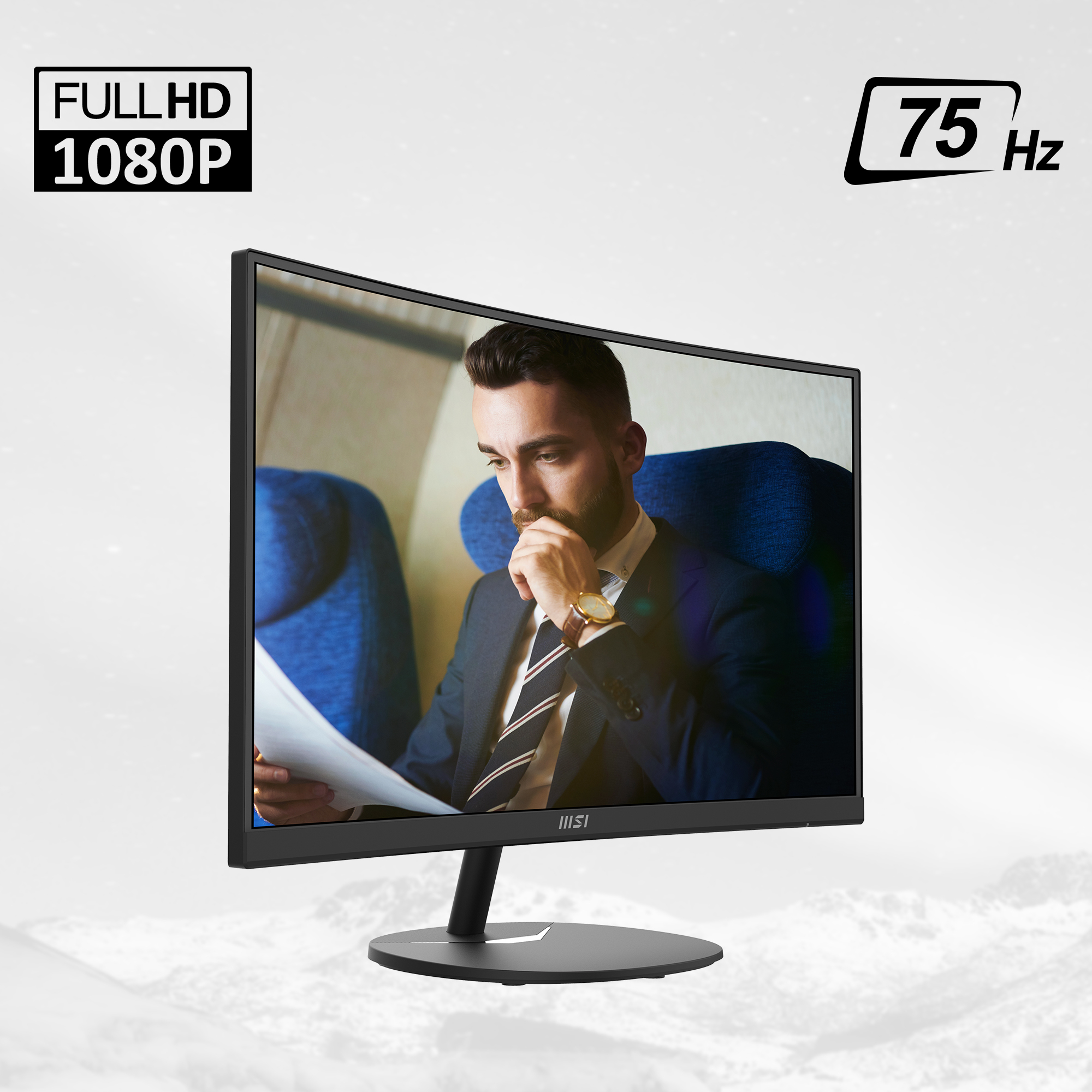 Monitor MSI con un hombre leyendo, con etiquetas FULLHD 1080P y 75 Hz.