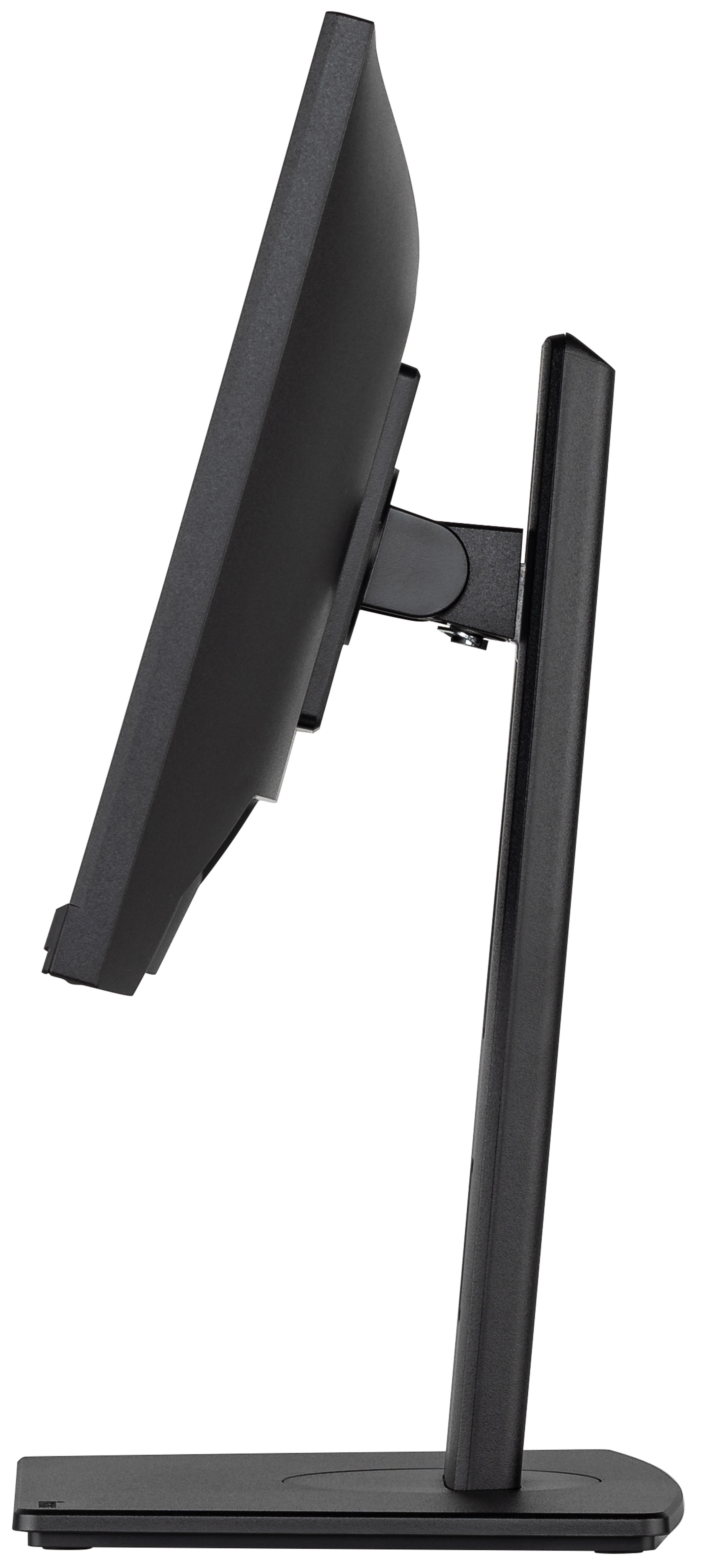 Widok z boku czarnego monitora ze stojakiem, ustawionego pod kątem, pokazującego profil.