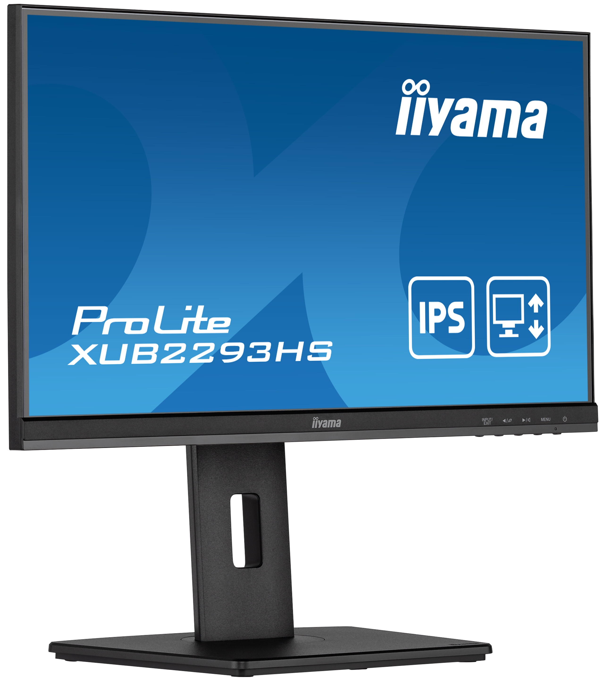 Monitor Iiyama. Ma czarną ramę i podstawę. Ekran wyświetla logo ProLite XUB2293HS.