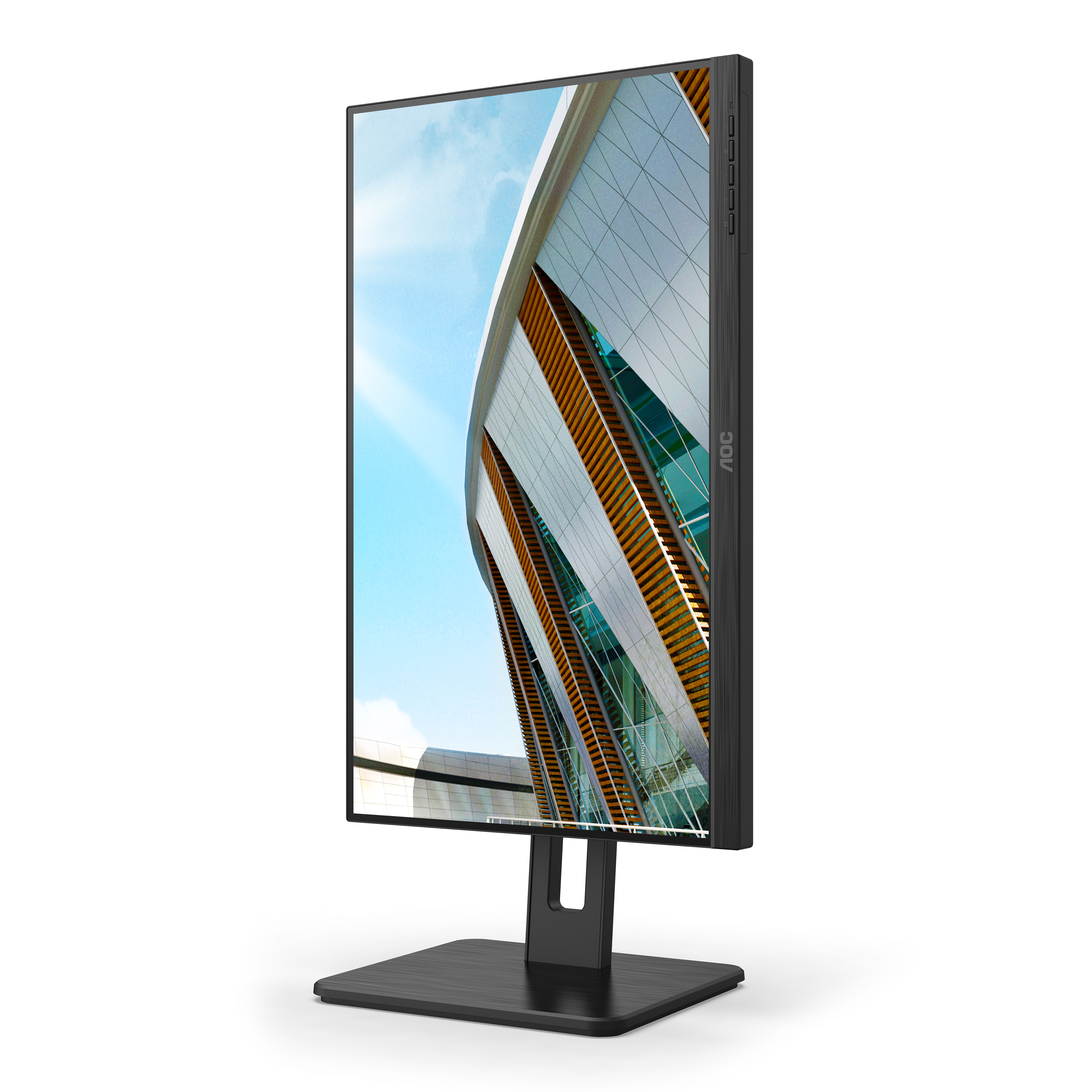 Un monitor AOC muestra una imagen arquitectónica moderna con cielo azul y un soporte negro.