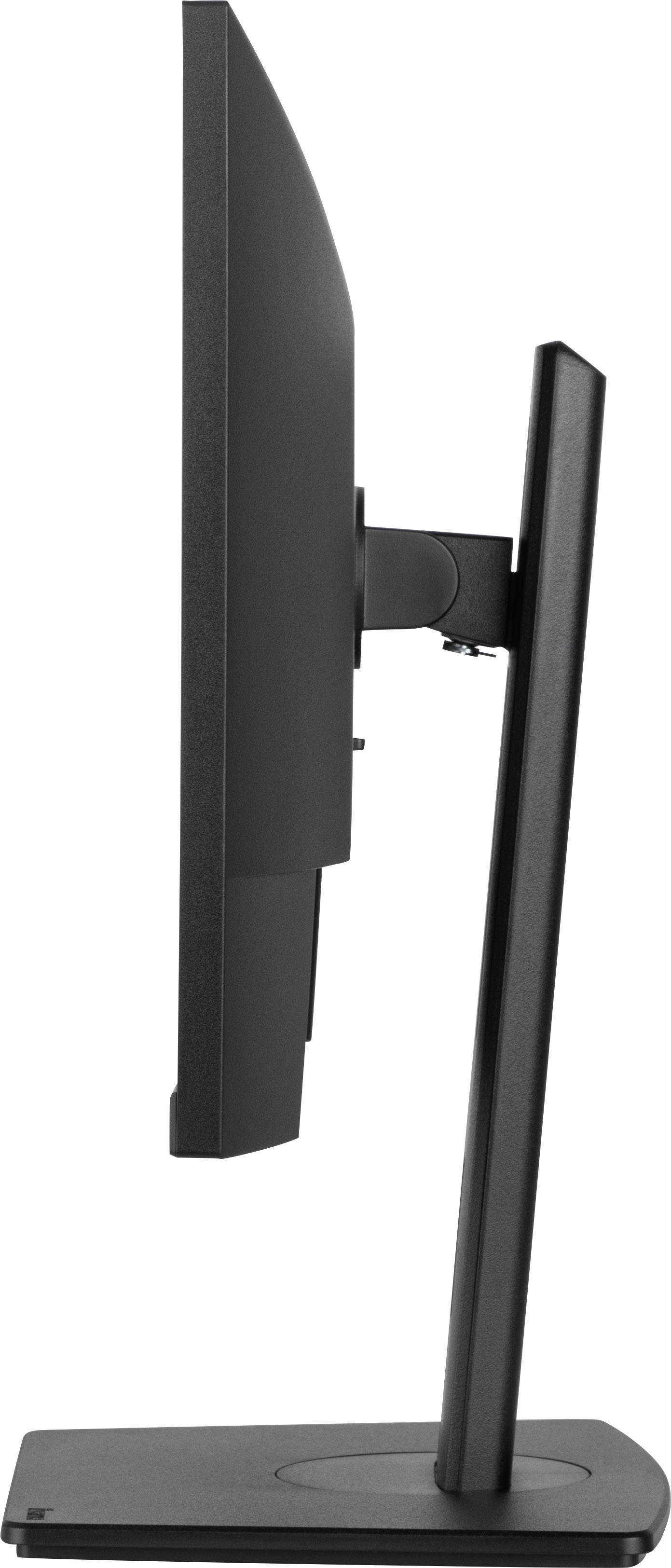 Czarny monitor z boku. Ma cienką ramkę i solidną podstawę. Ekran jest ciemny.