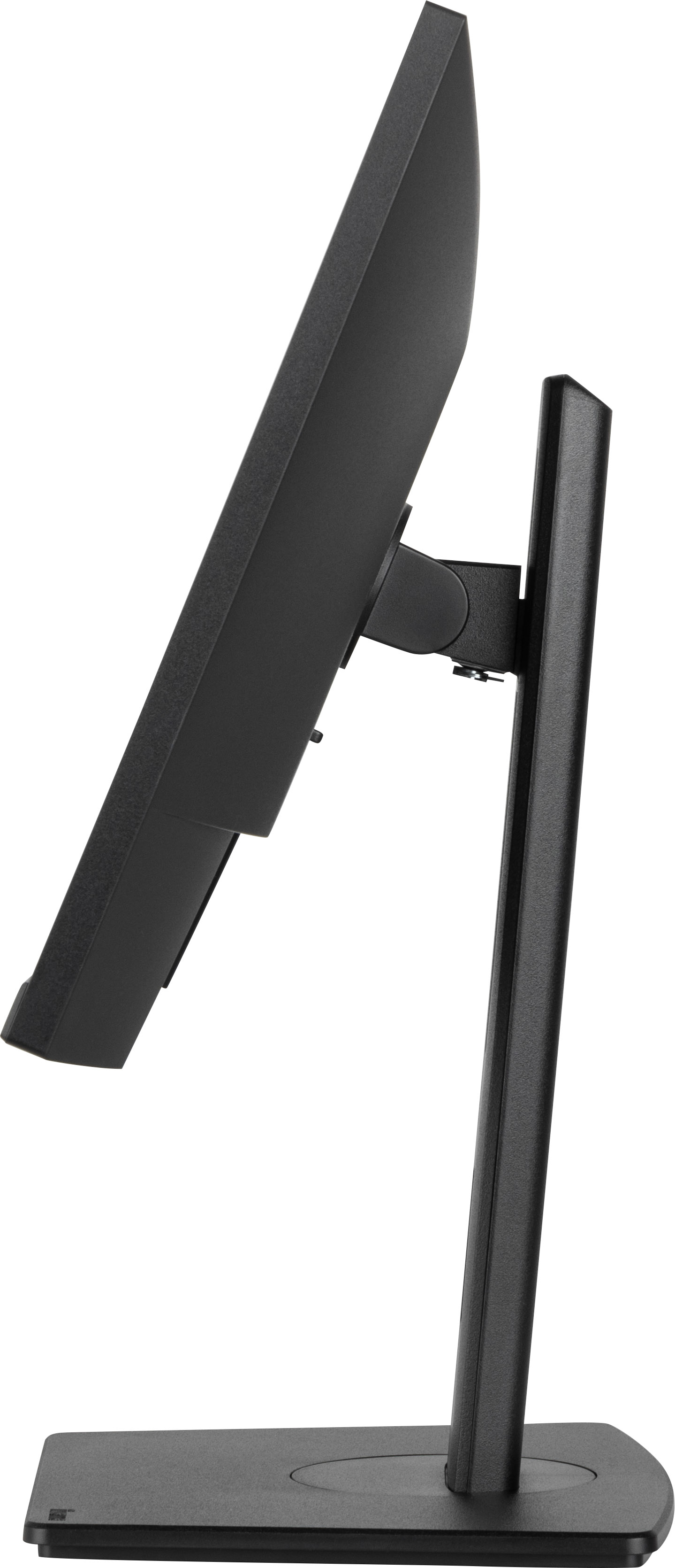 Widok z boku czarnego monitora, pokazujący podstawę i ekran pod kątem.