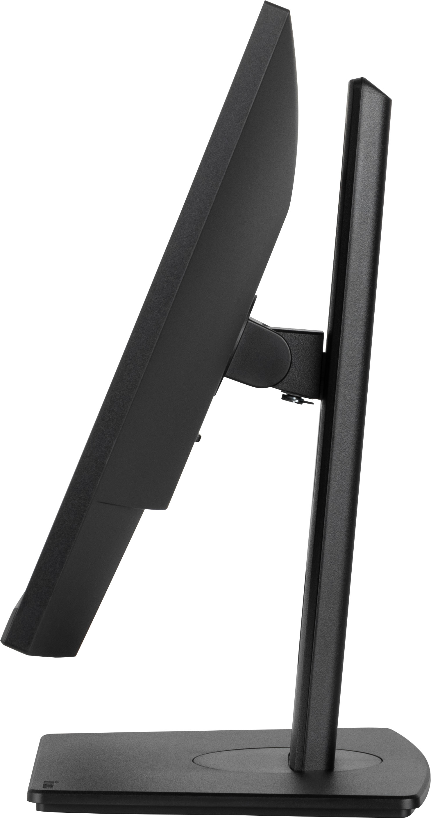 Widok z boku czarnego monitora na podstawie. Ekran jest ustawiony pod kątem, pokazując smukłą konstrukcję.