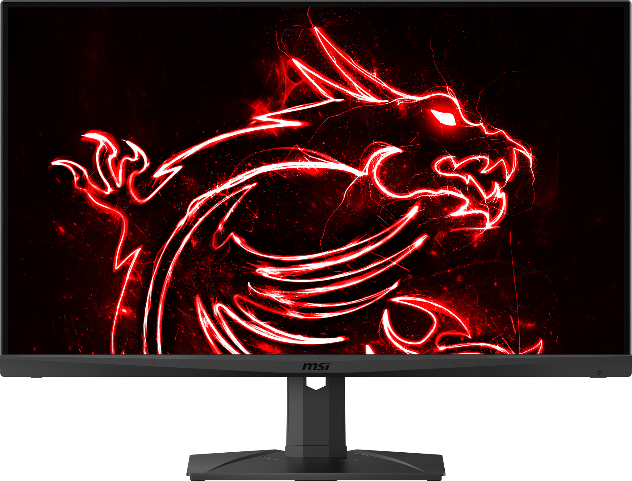 Un monitor MSI con un gráfico de dragón rojo en la pantalla. El soporte es negro.
