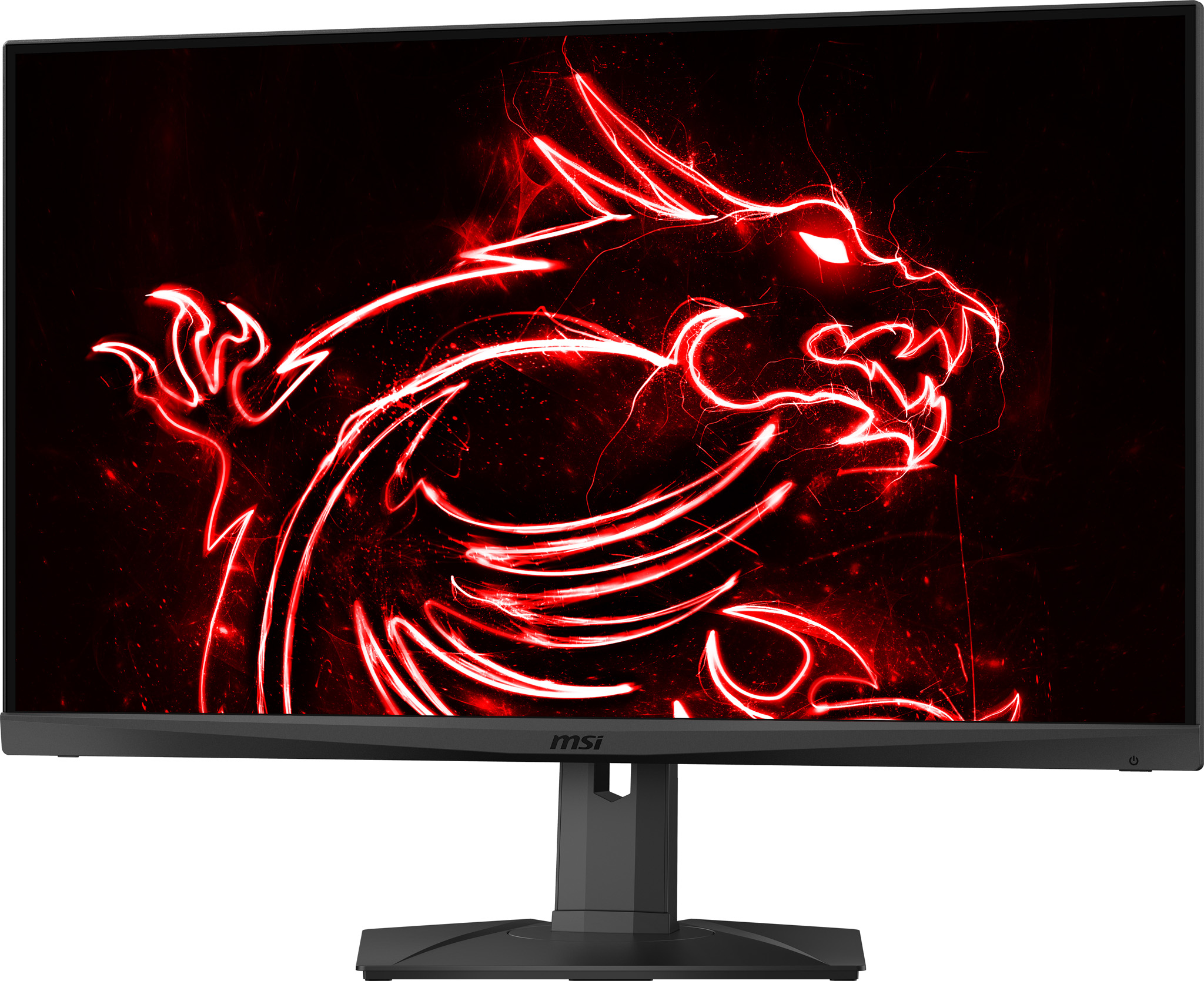 Monitor MSI. Diseño de dragón rojo en pantalla. Marco y soporte negros. Fondo oscuro.