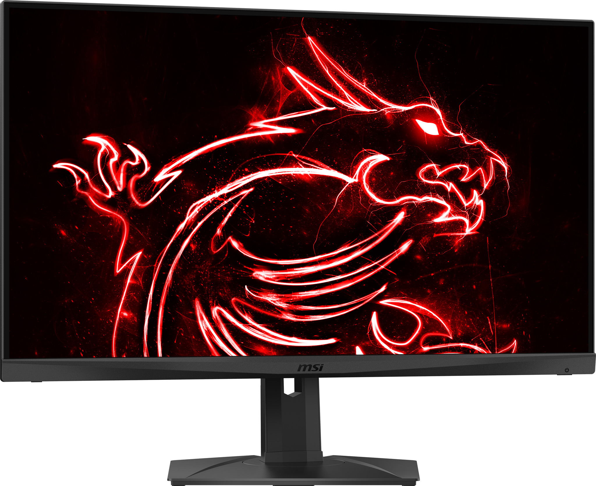 Monitor MSI con gráfico de dragón en pantalla. Marco y soporte negros. Fondo blanco.