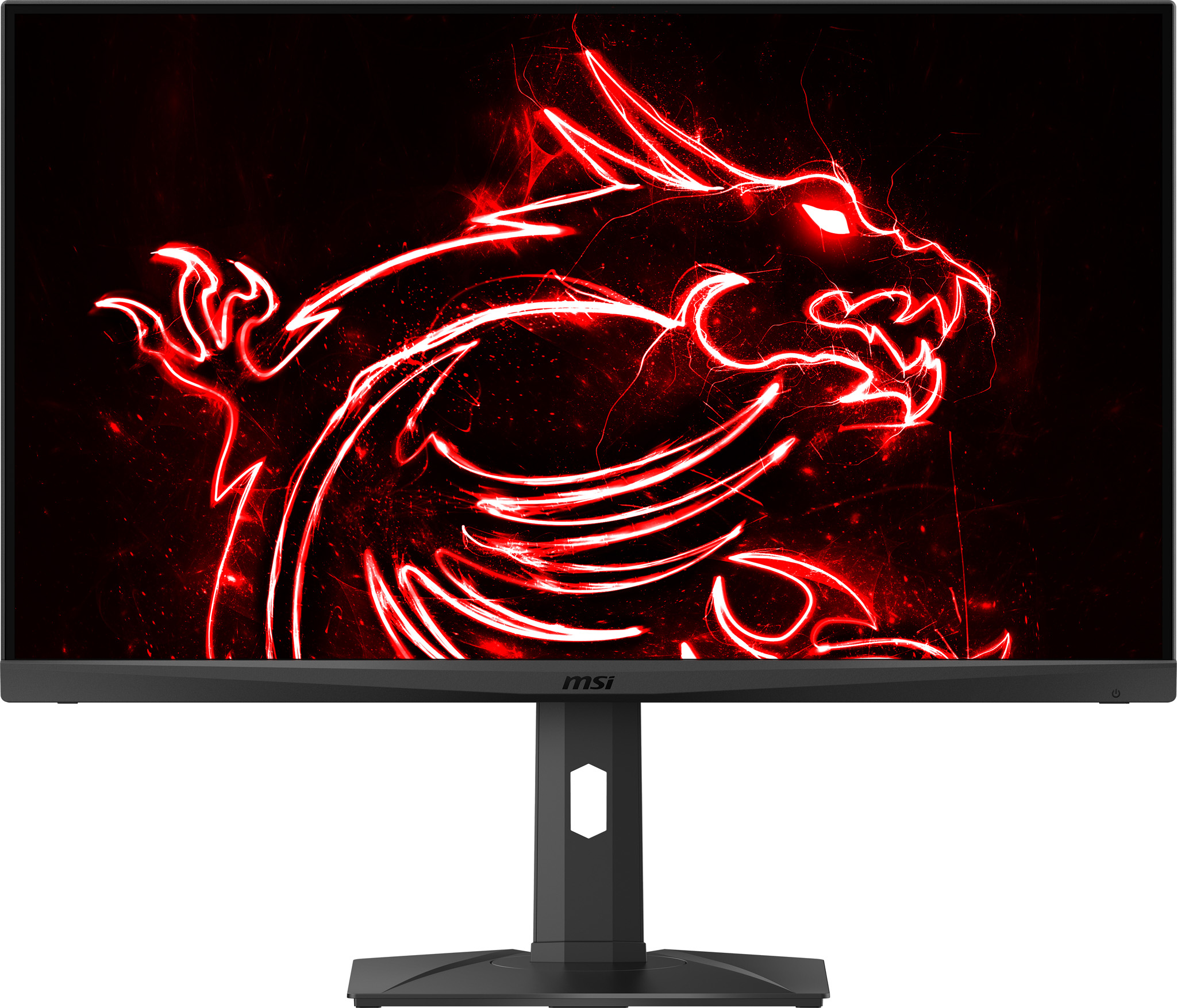 Un monitor MSI muestra un gráfico de dragón rojo sobre un fondo negro. El monitor está en un soporte negro.