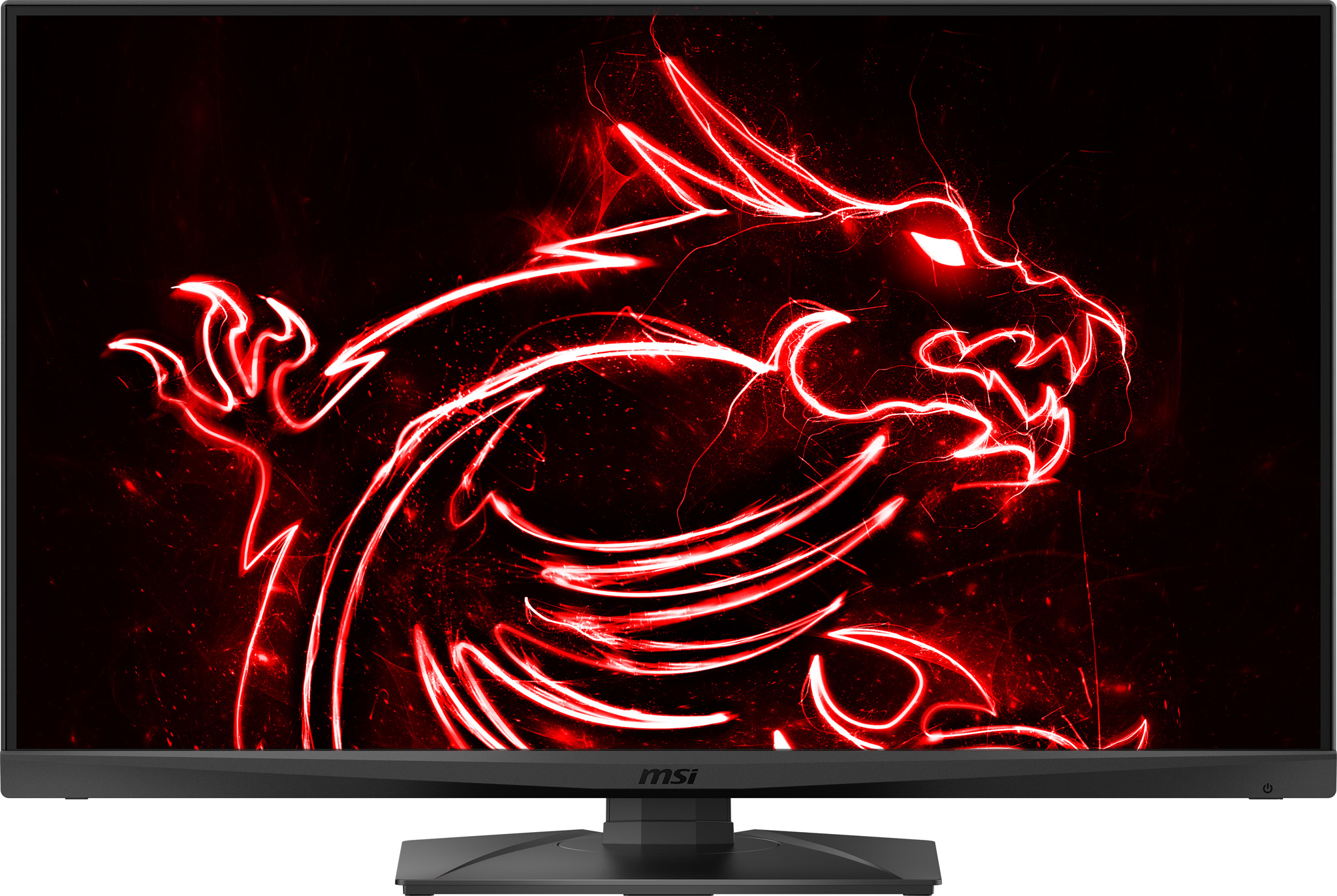 El monitor MSI muestra una imagen de dragón rojo sobre fondo negro.