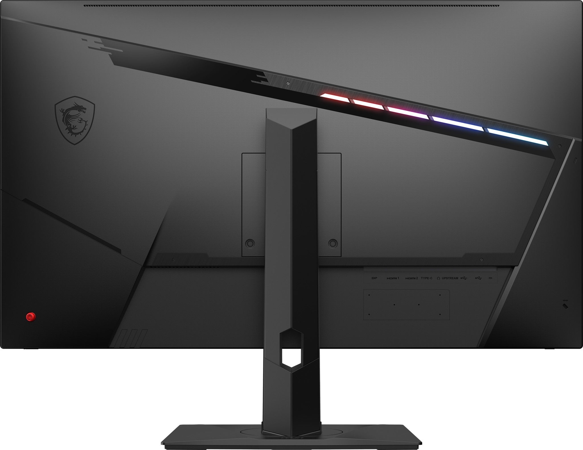 La parte trasera de un monitor MSI negro, con una barra de luz RGB y un logotipo en la parte superior izquierda.