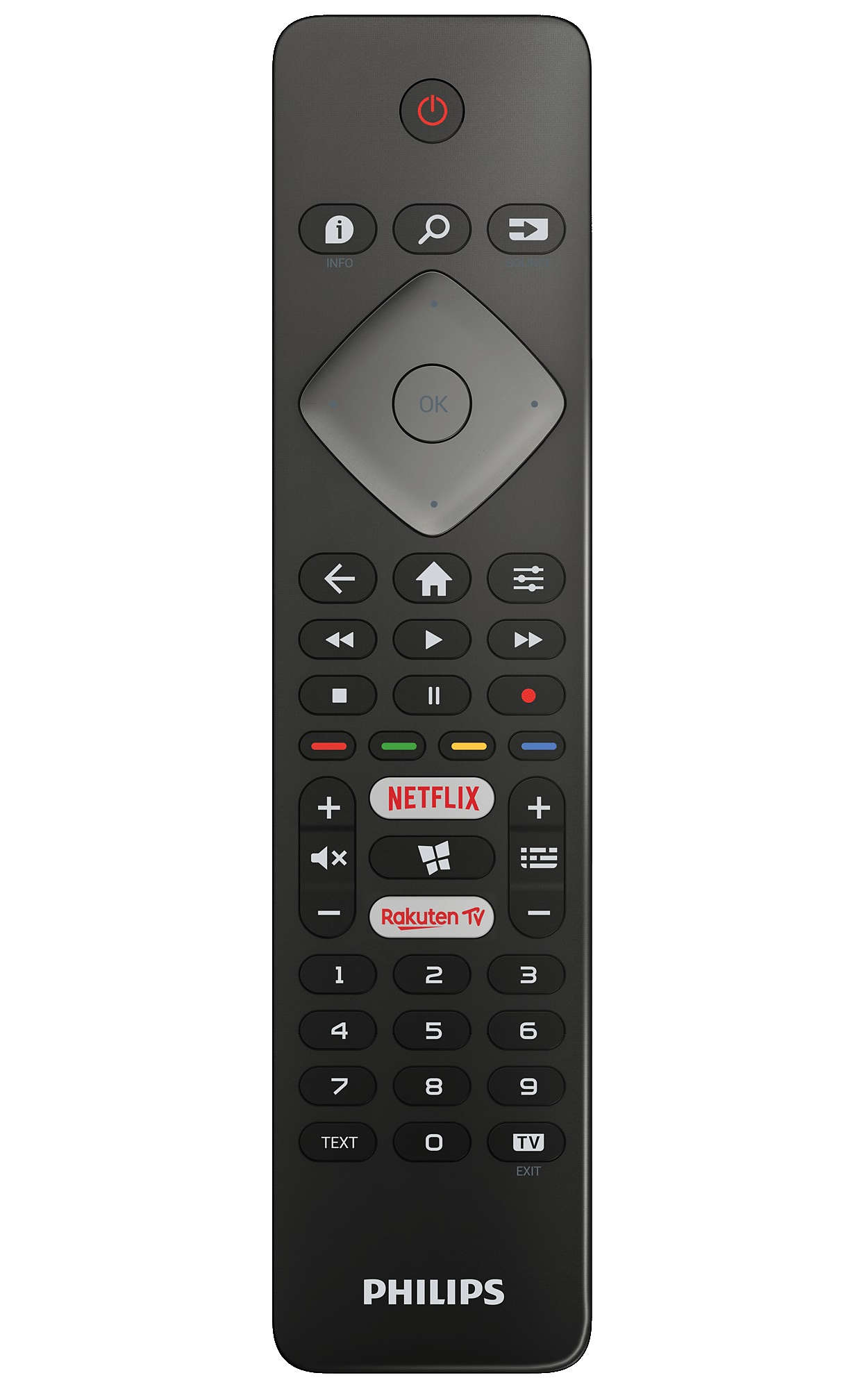 Czarny pilot Philips z wieloma przyciskami, w tym skrótami do Netflix i Rakuten TV.