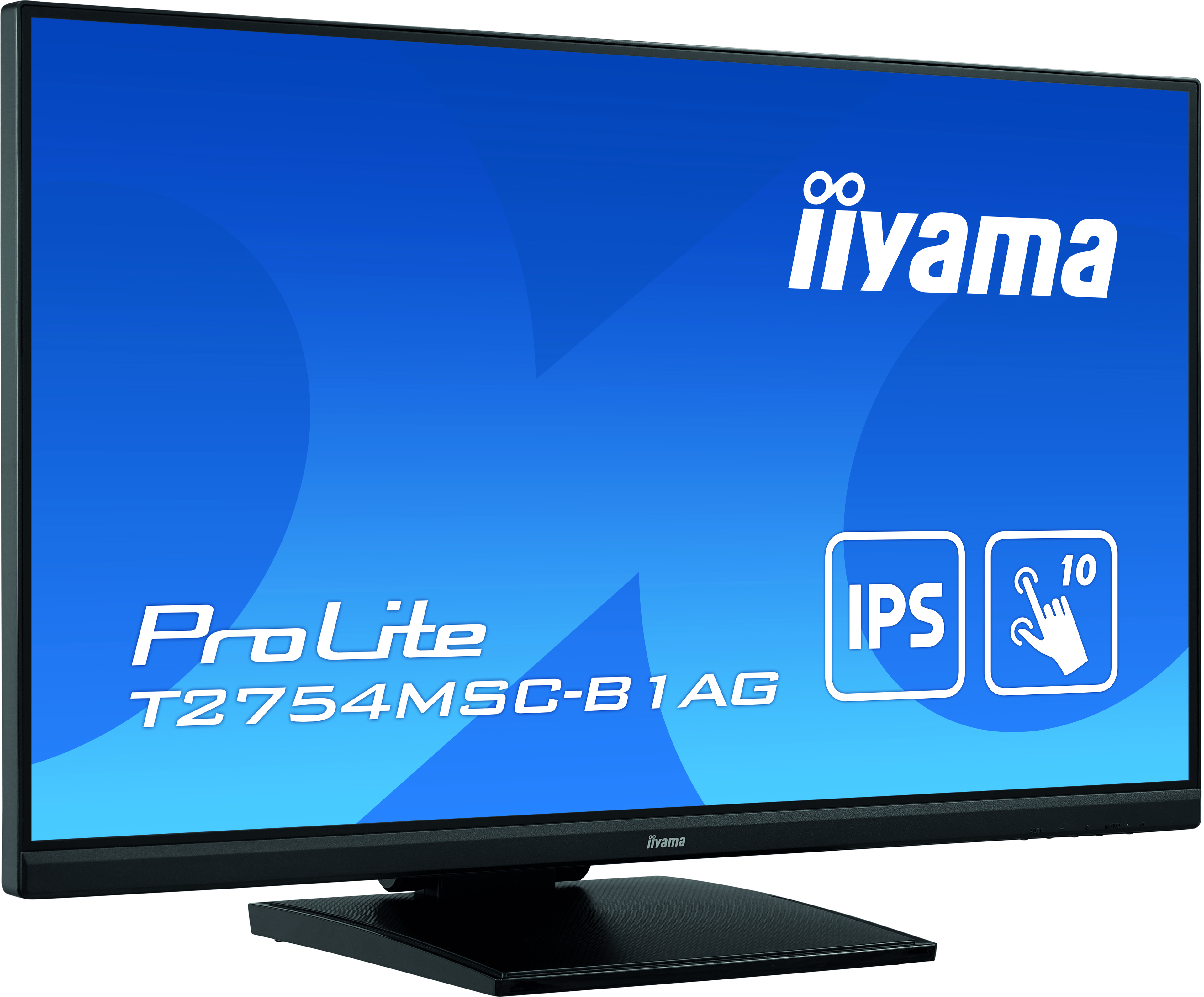 Monitor Iiyama ProLite z niebieskim ekranem, ikonami IPS i ekranu dotykowego, czarną podstawą.