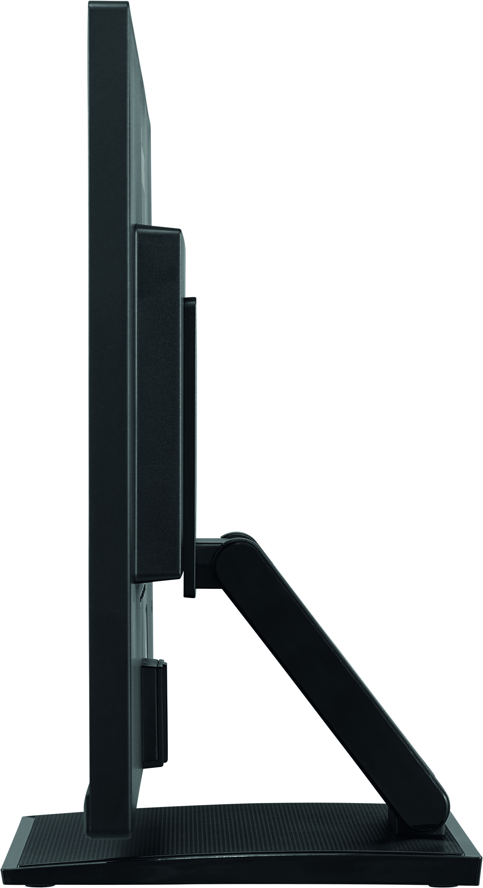 Widok z boku czarnego monitora ze stojakiem. Stojak jest ustawiony pod kątem, a ekran jest wyłączony.