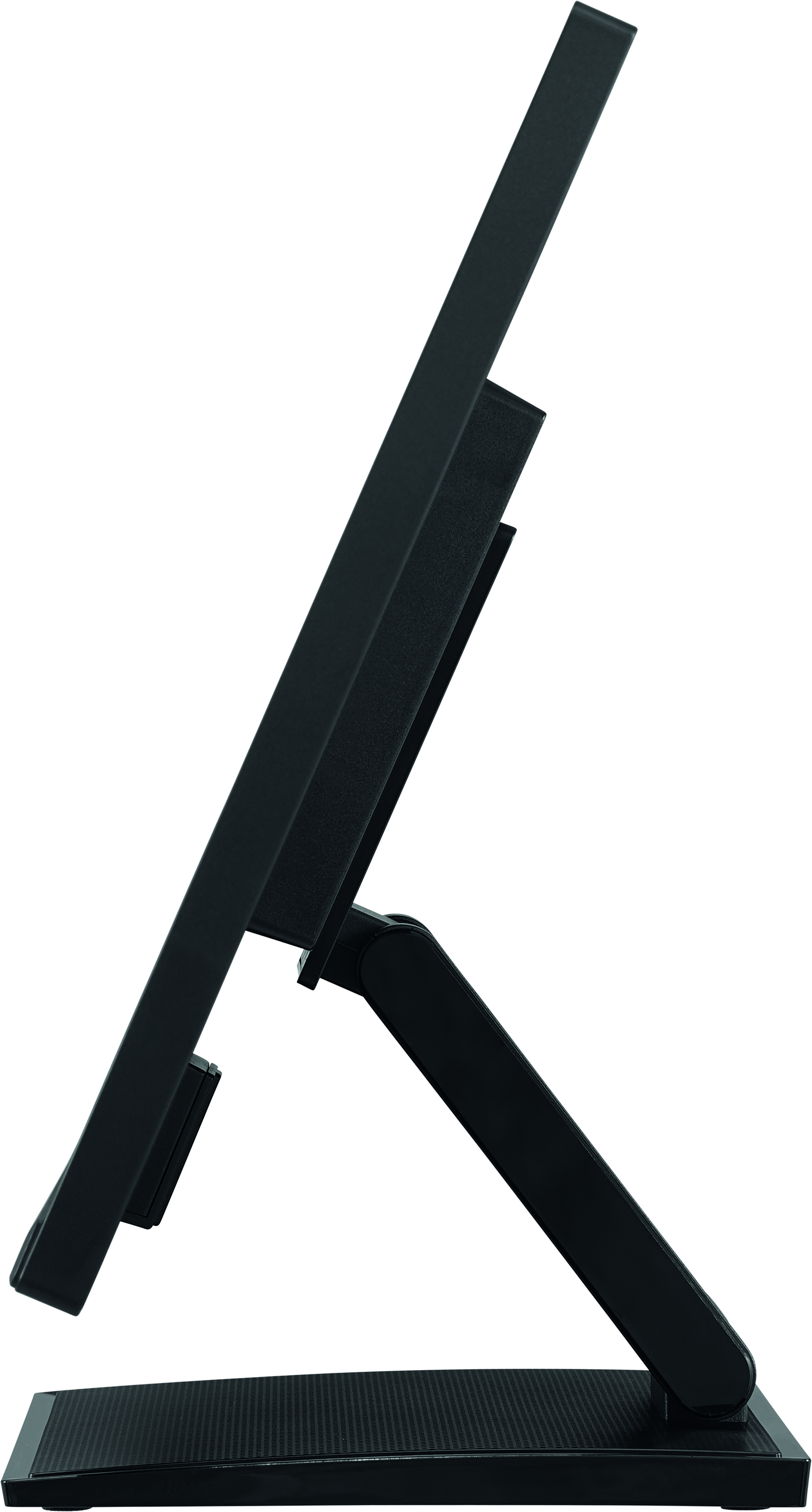 Czarny monitor, widok z boku. Ma podstawę i ekran. Białe tło.