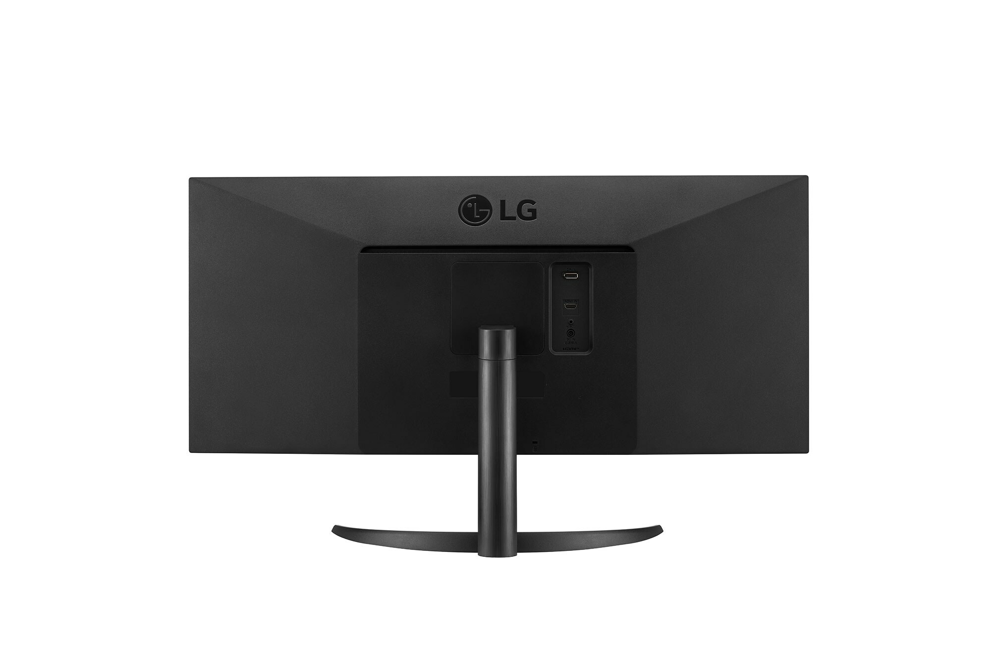 Rückseite eines schwarzen LG-Monitors, mit geschwungener Basis und Anschlüssen, isoliert.