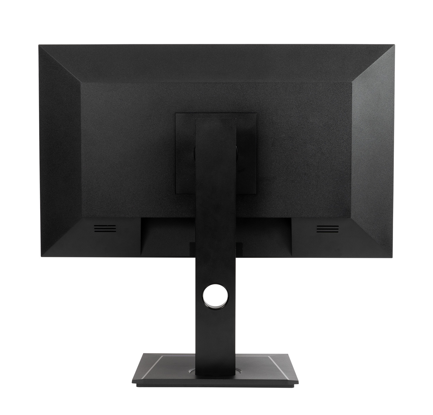 Il retro di un monitor nero con supporto e fori di ventilazione.