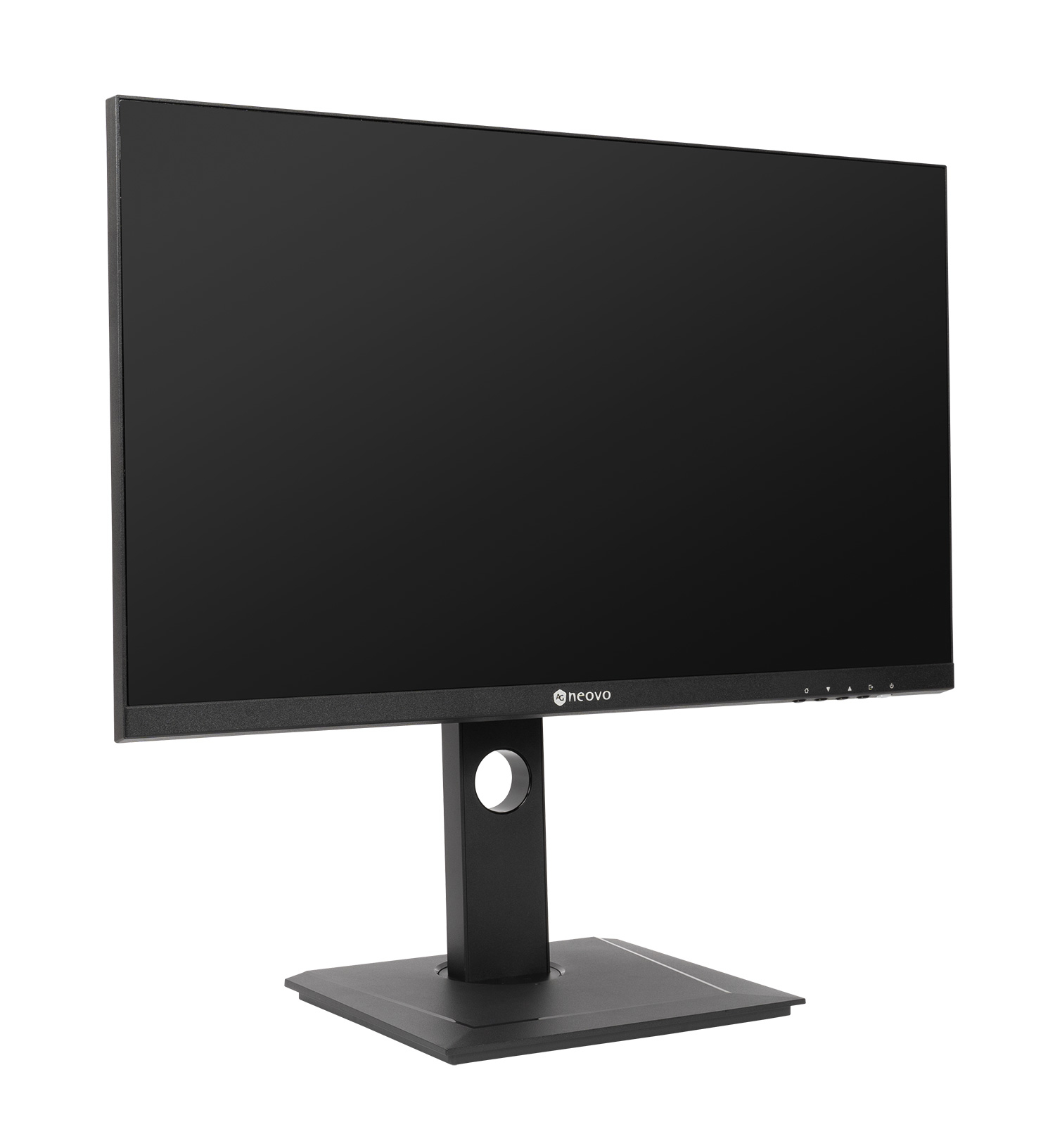 Monitor del computer nero con supporto nero, che mostra uno schermo nero vuoto.