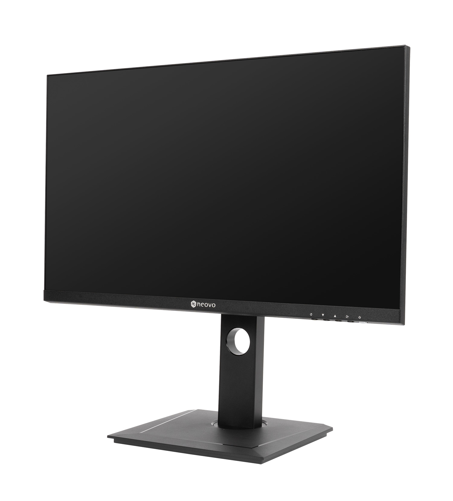Monitor Neovo: schermo nero e supporto, vista angolata.