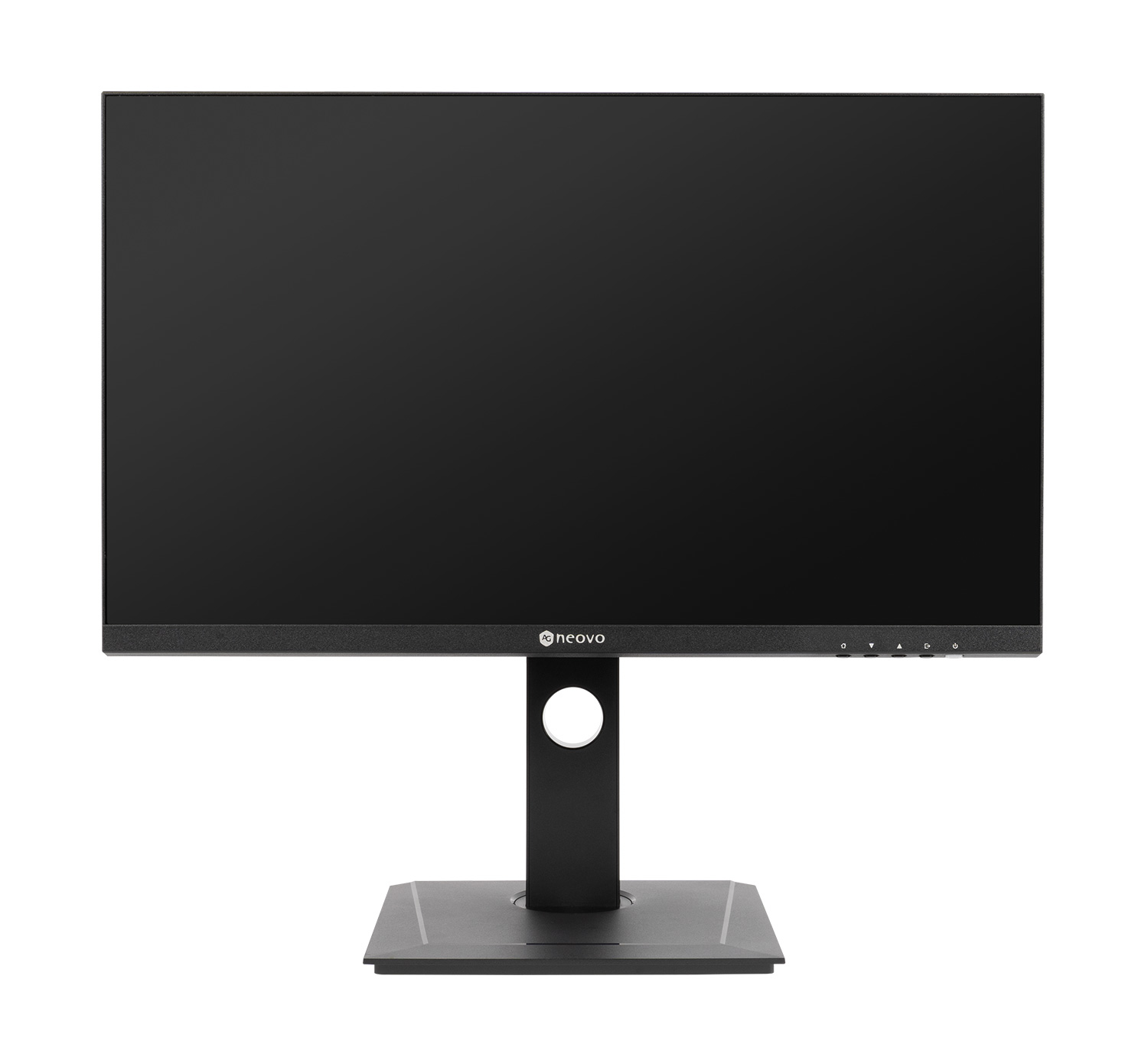 Monitor per computer nero. Lo schermo è nero. C'è un supporto e un logo in basso.