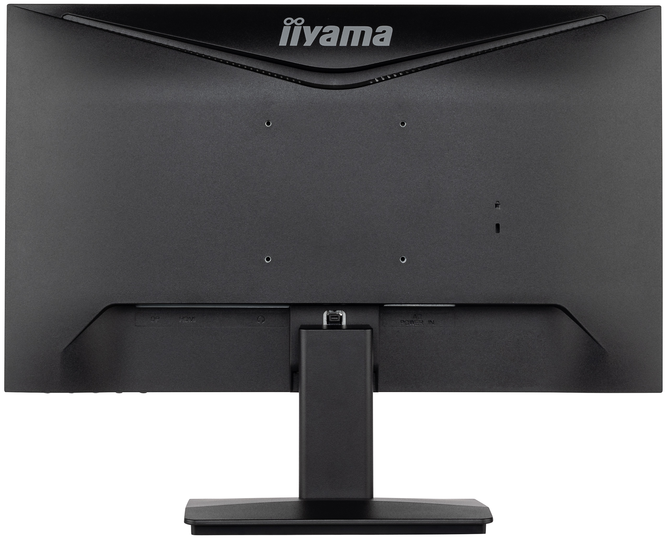 Parte trasera de un monitor iiyama negro que muestra puertos y un soporte.