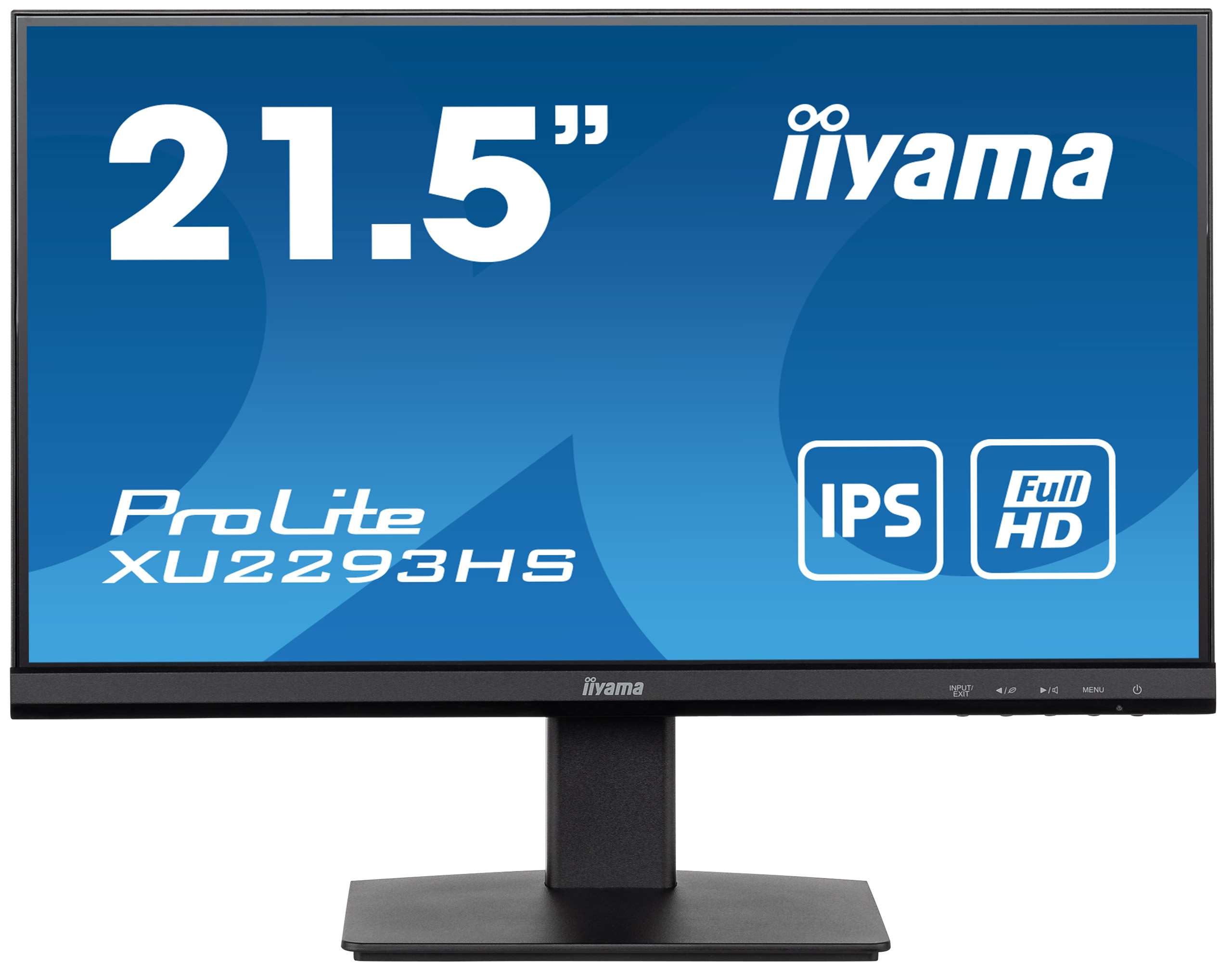 Monitor Iiyama 21.5", marco negro, pantalla azul con texto e iconos. Soporte negro.