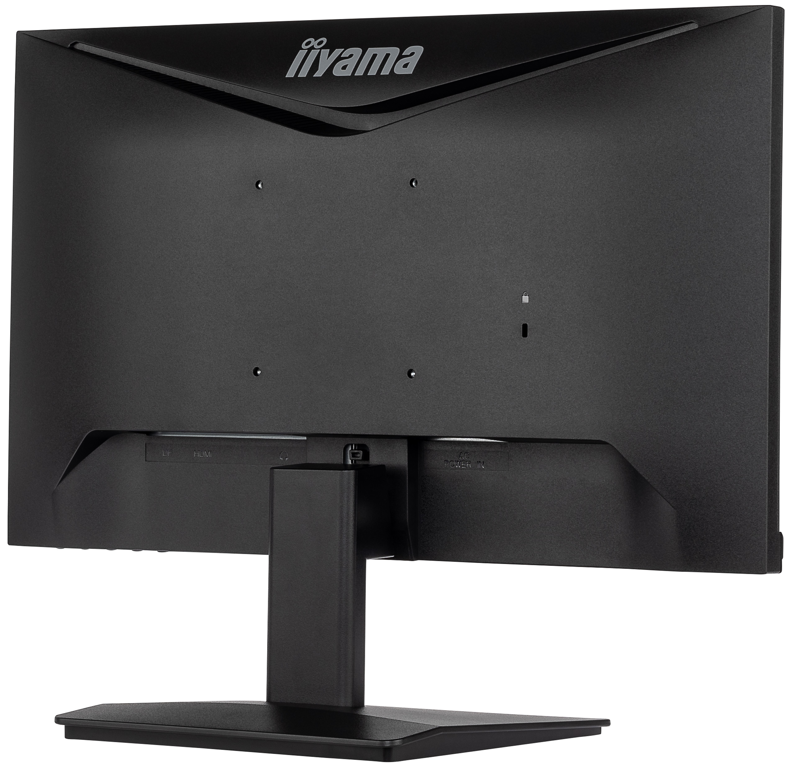 Vista trasera de un monitor Iiyama negro. Tiene un soporte y puertos para conexiones.
