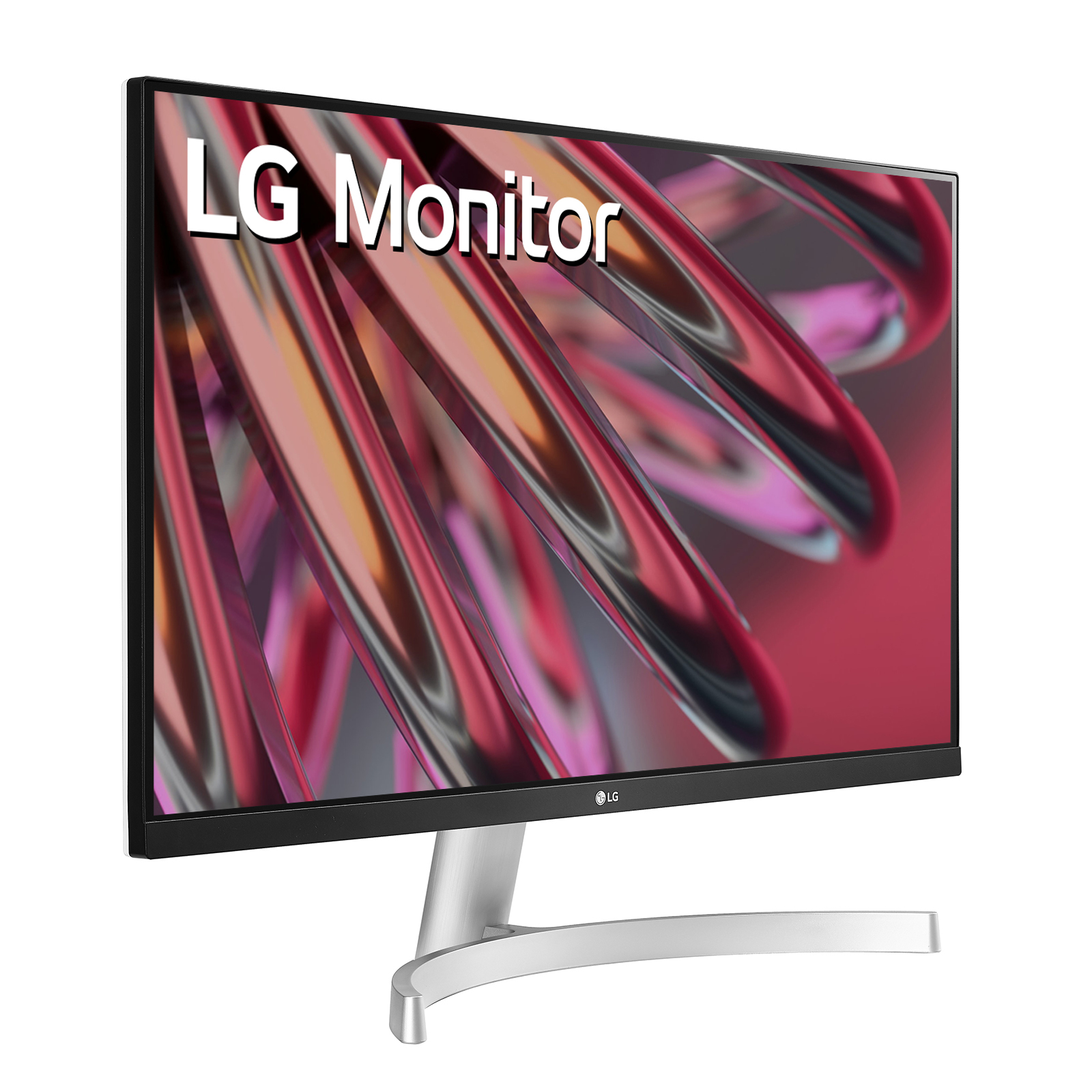 Un monitor LG ha un supporto argentato curvo. Lo schermo mostra vortici astratti rosa e rossi.