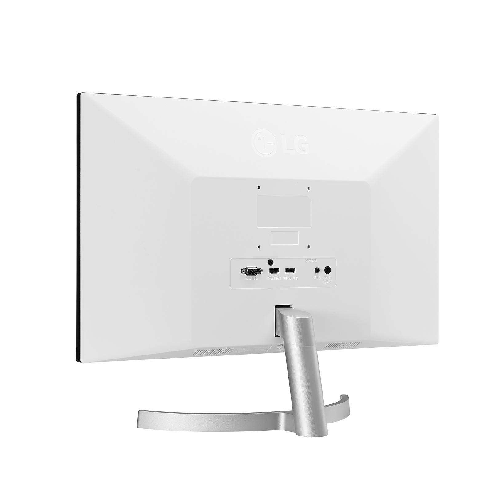 Retro di un monitor LG bianco. Mostra porte, connettori e area di attacco del supporto.