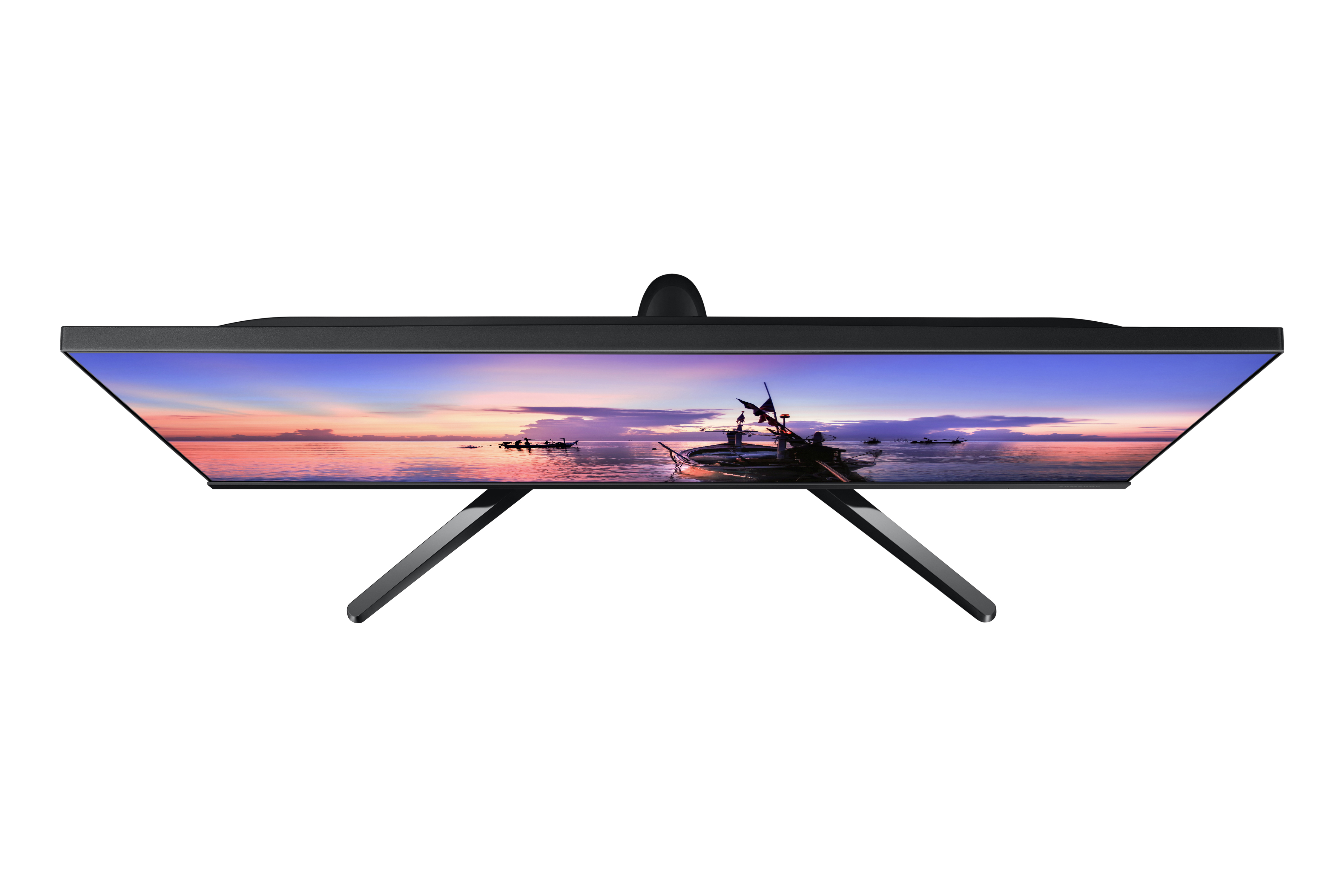 Vista dall'alto di un monitor con un'immagine di paesaggio. Il supporto è visibile.