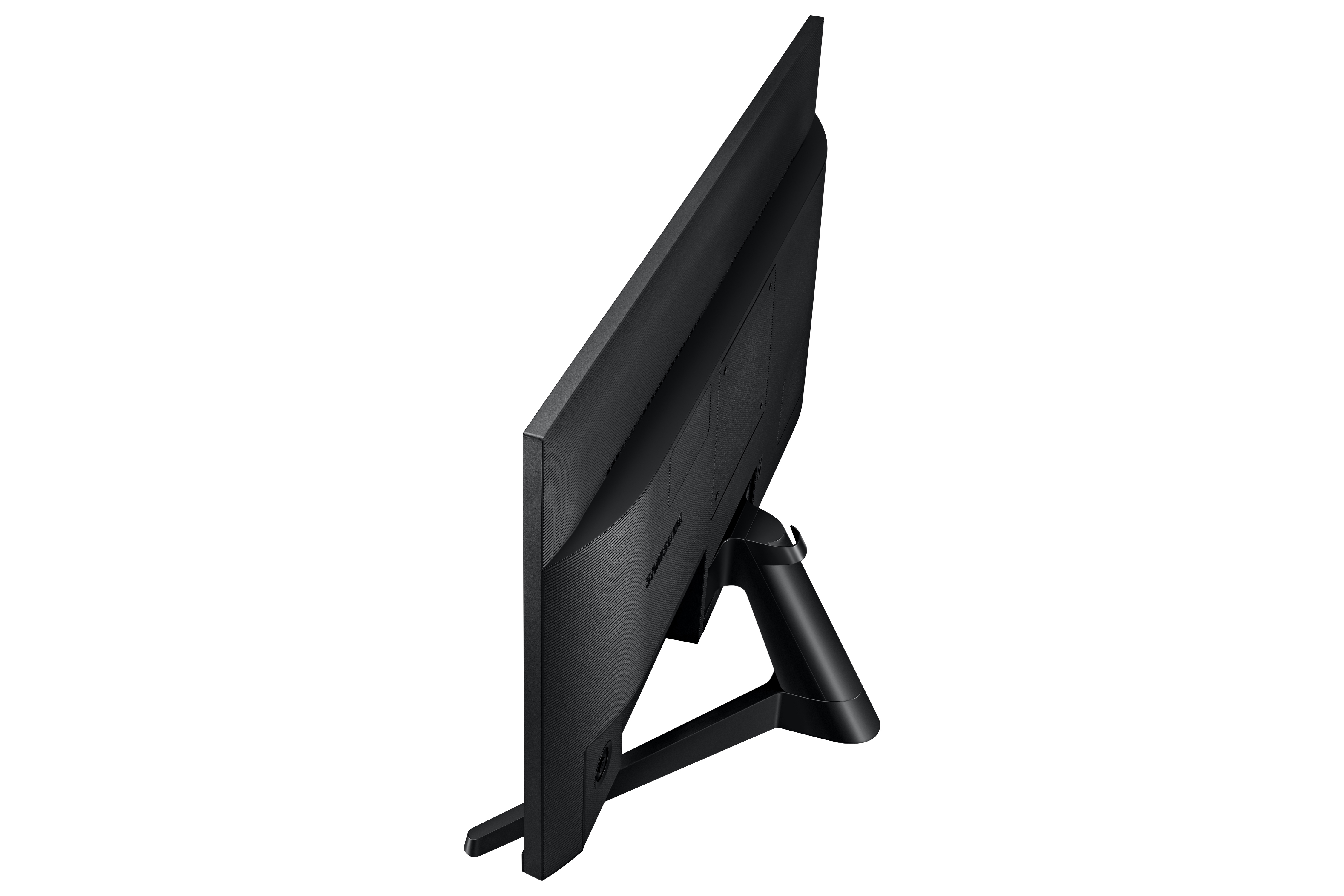 Vista laterale di un monitor Samsung nero su sfondo bianco.