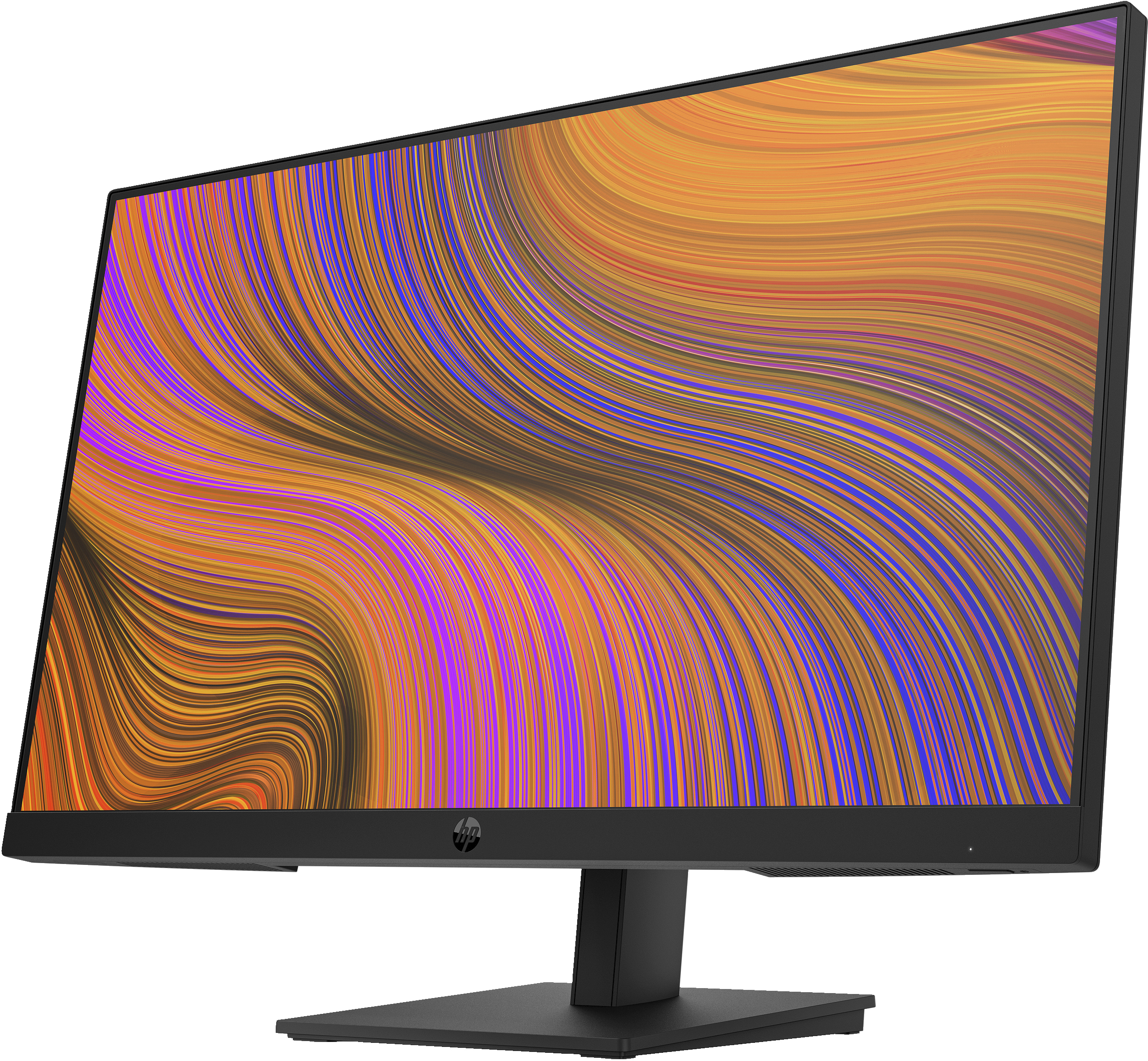 Un monitor HP con un patrón abstracto, colorido y ondulado en la pantalla.