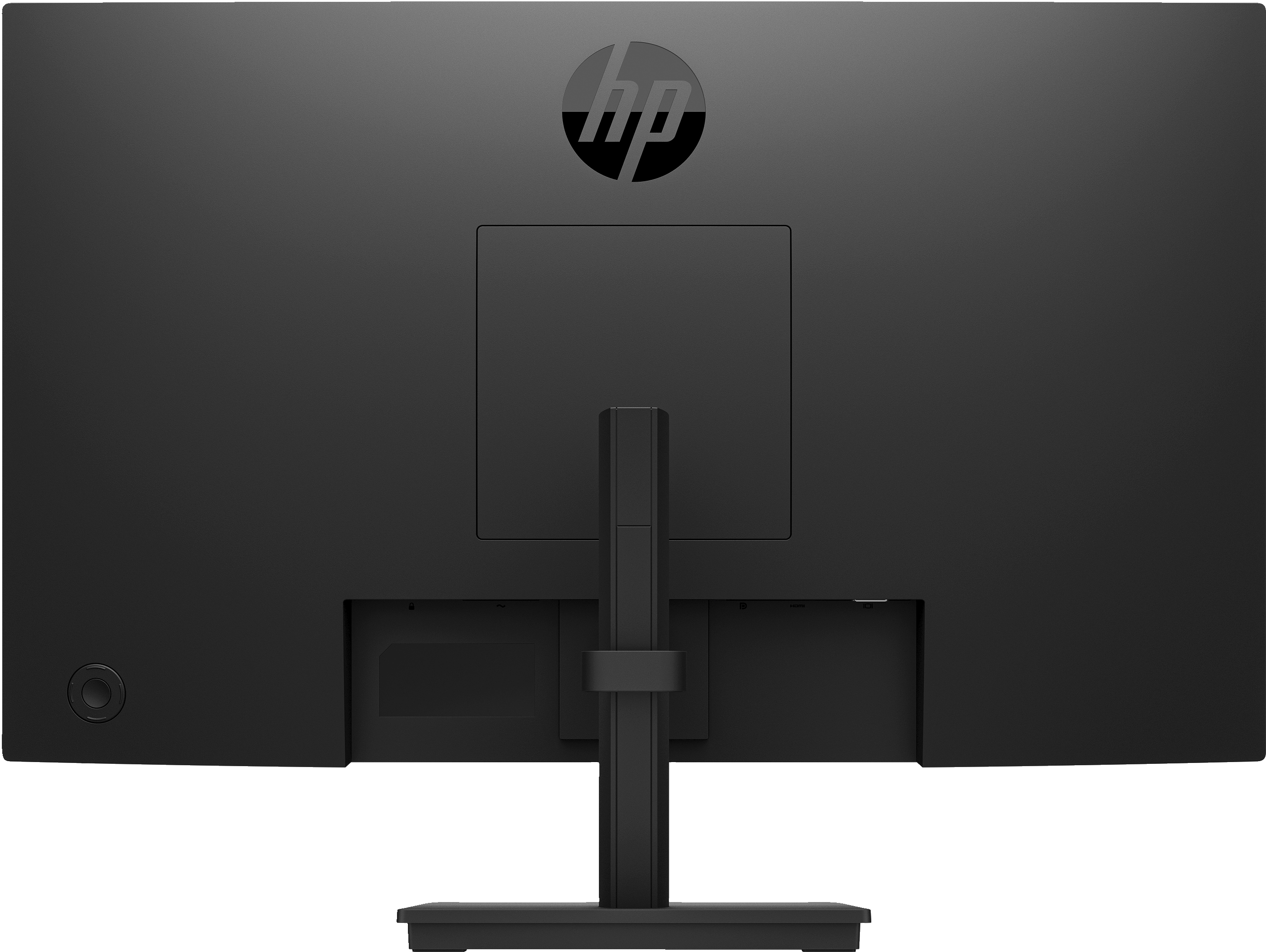 Parte trasera de un monitor HP negro con el logotipo de HP y un soporte.