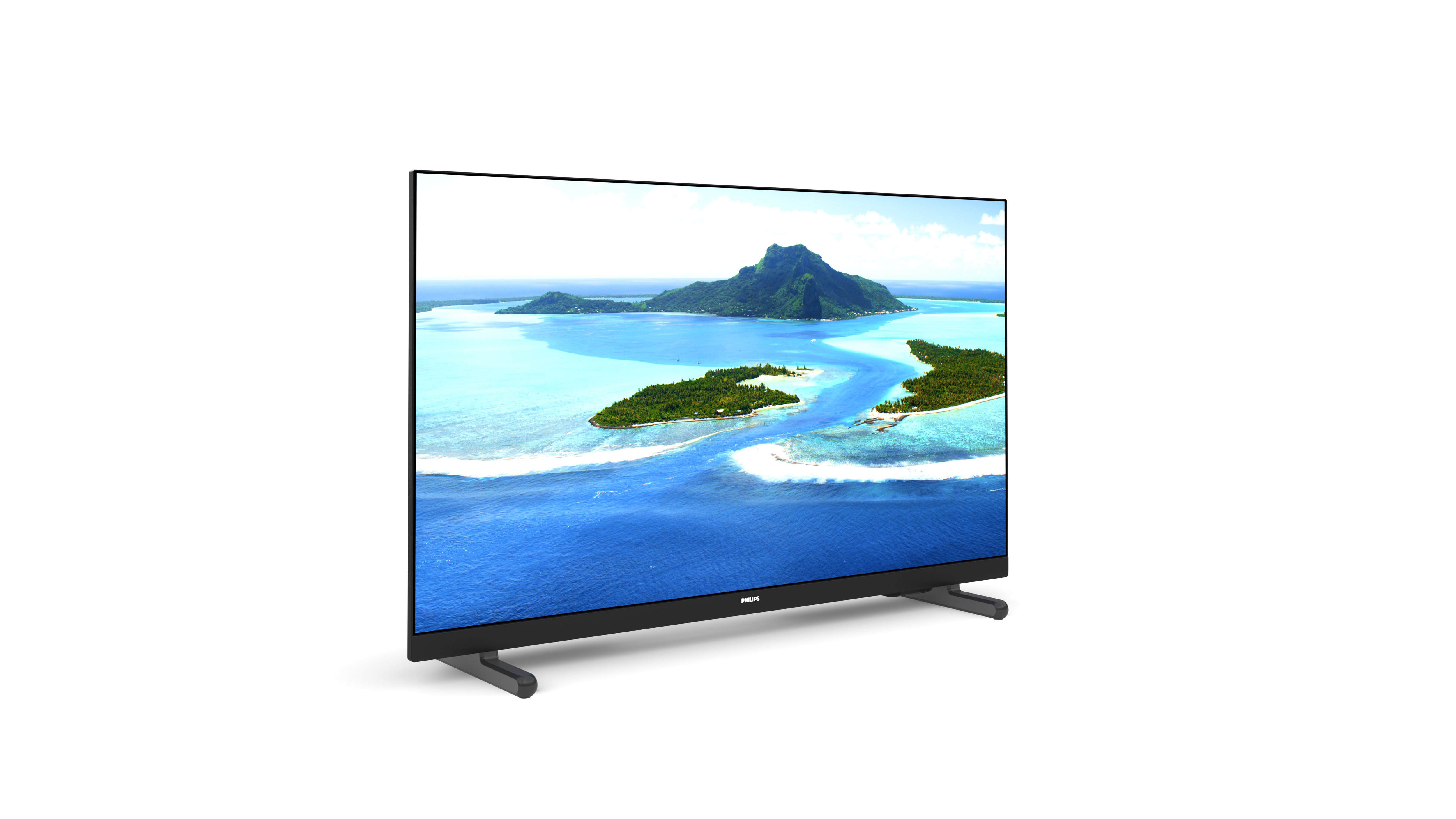 Telewizor wyświetlający tropikalną wyspę na białym tle.