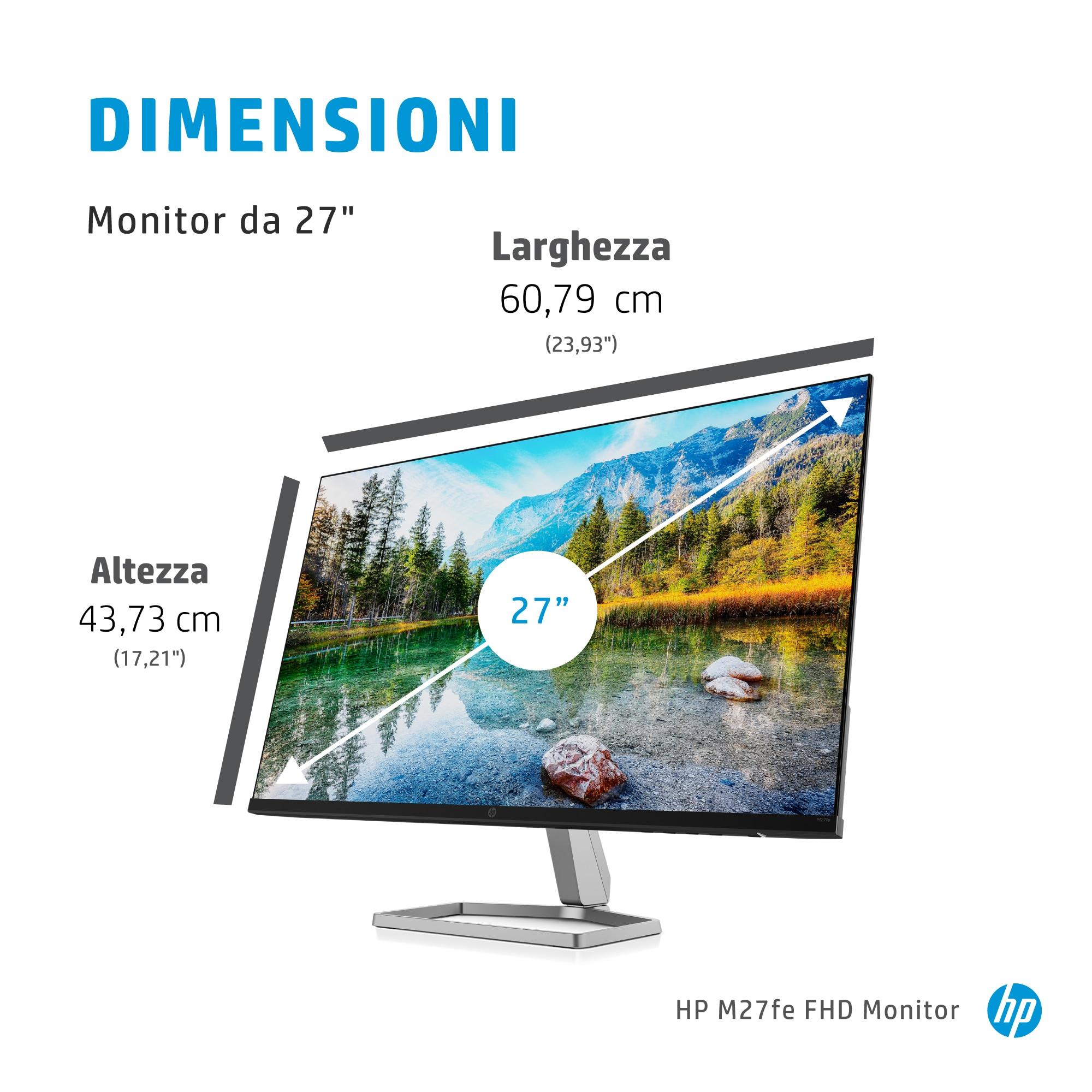 Monitor da 27 pollici che mostra un paesaggio con montagna e lago.