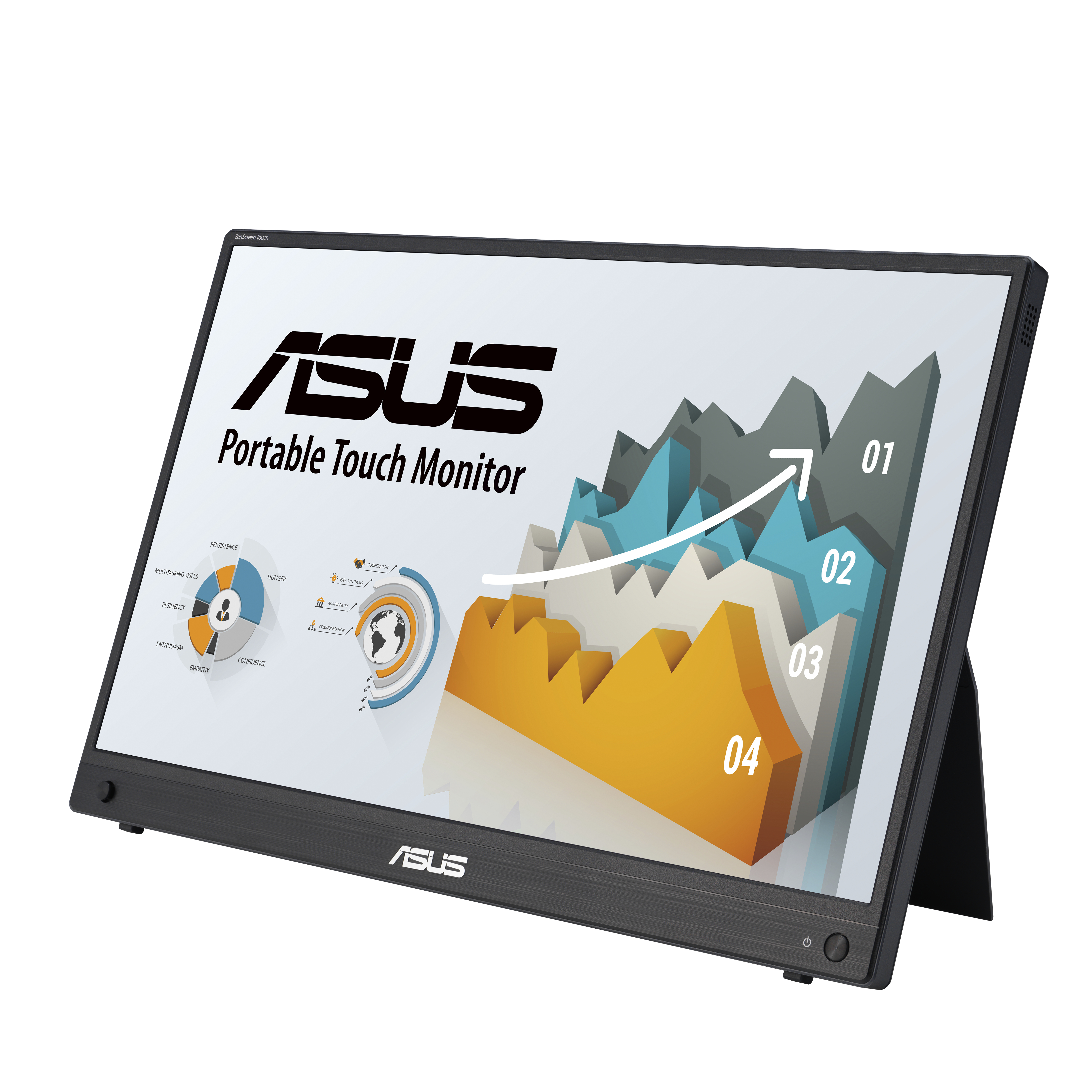 ASUS portable touch monitor with a graph on screen. Display is black and has a stand.