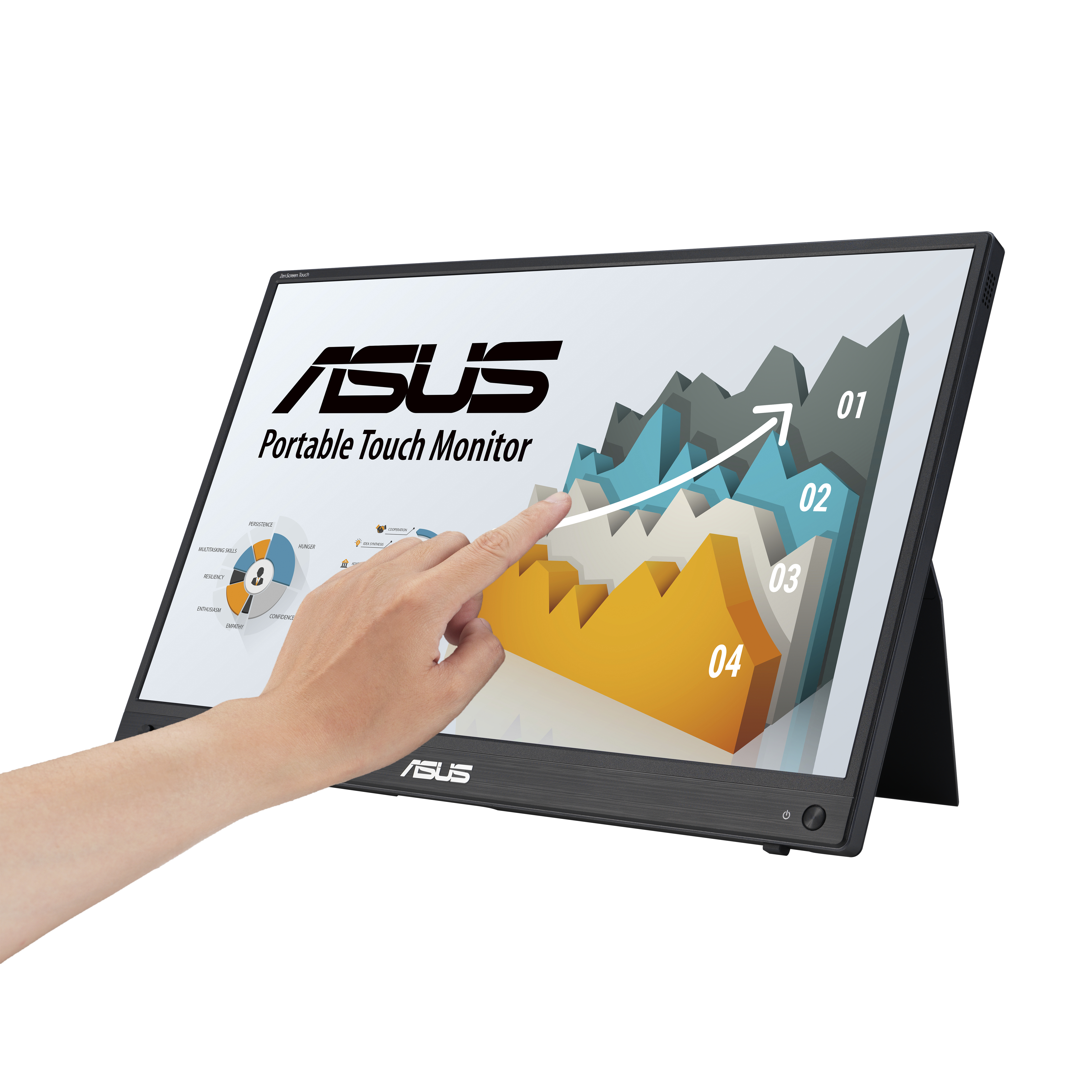 ASUS touch monitor. Finger touches screen, with a chart displayed.