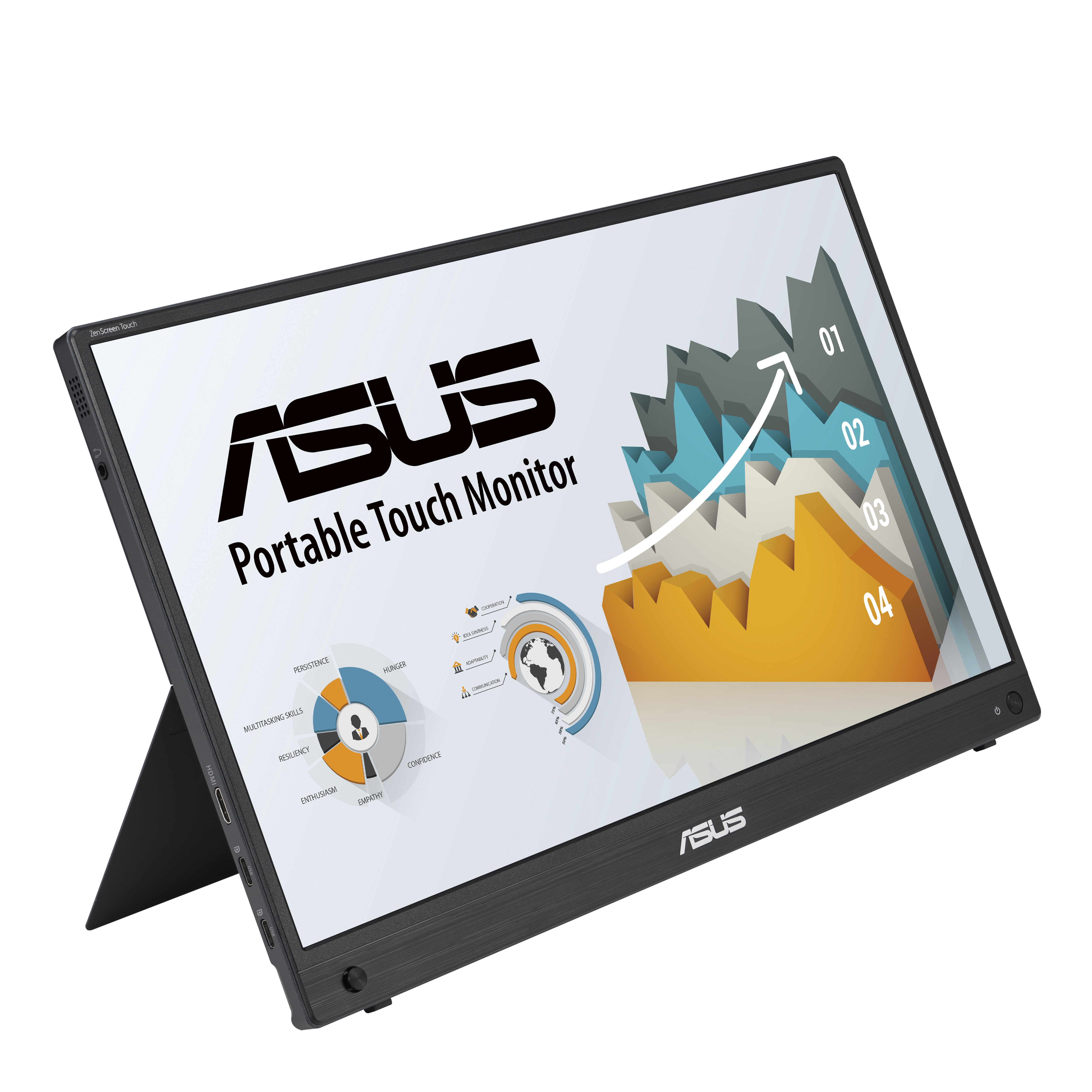 An ASUS portable touch monitor, showing a business diagram, propped up by its stand.