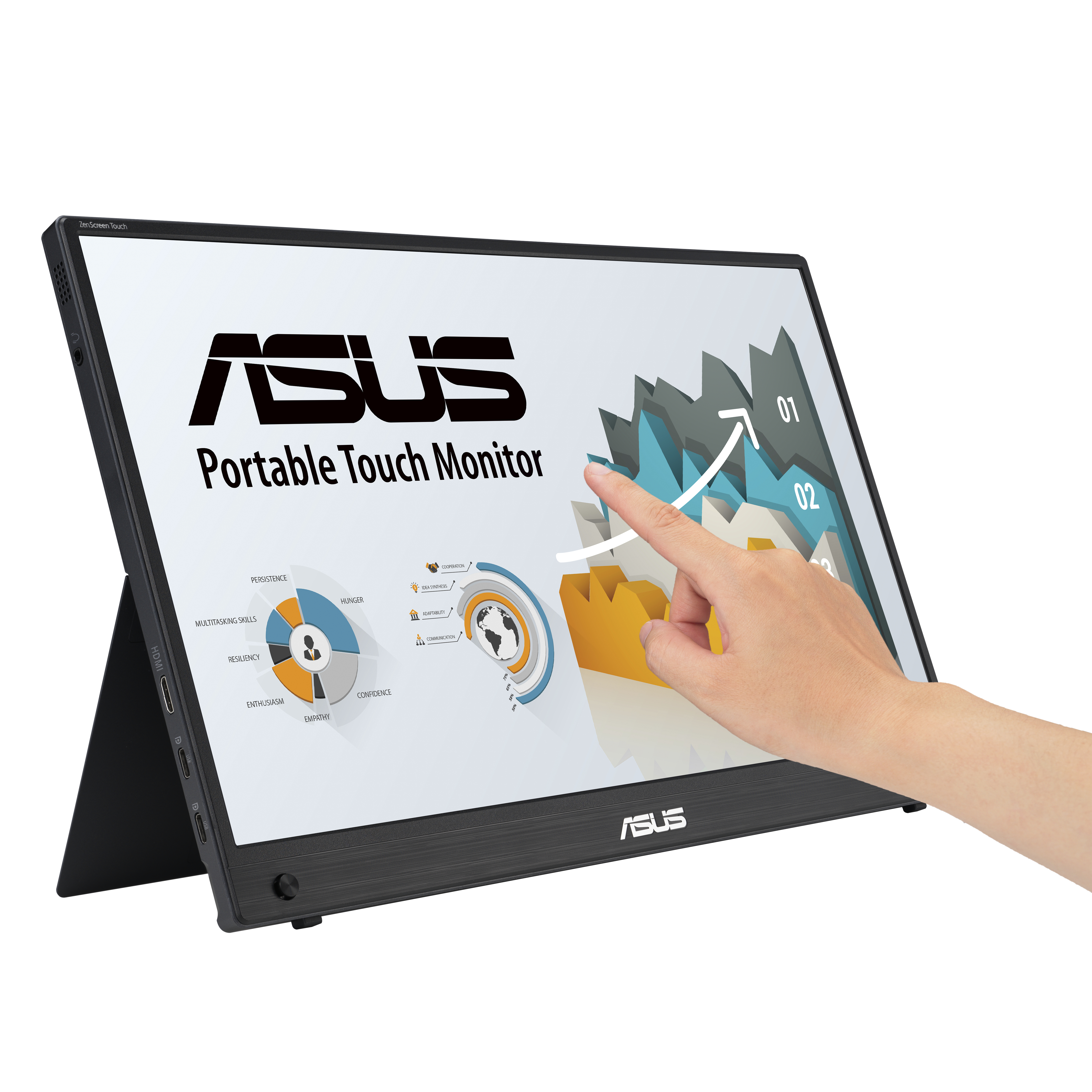 ASUS portable touch monitor. A hand touches the screen. White background, black frame, and stand.