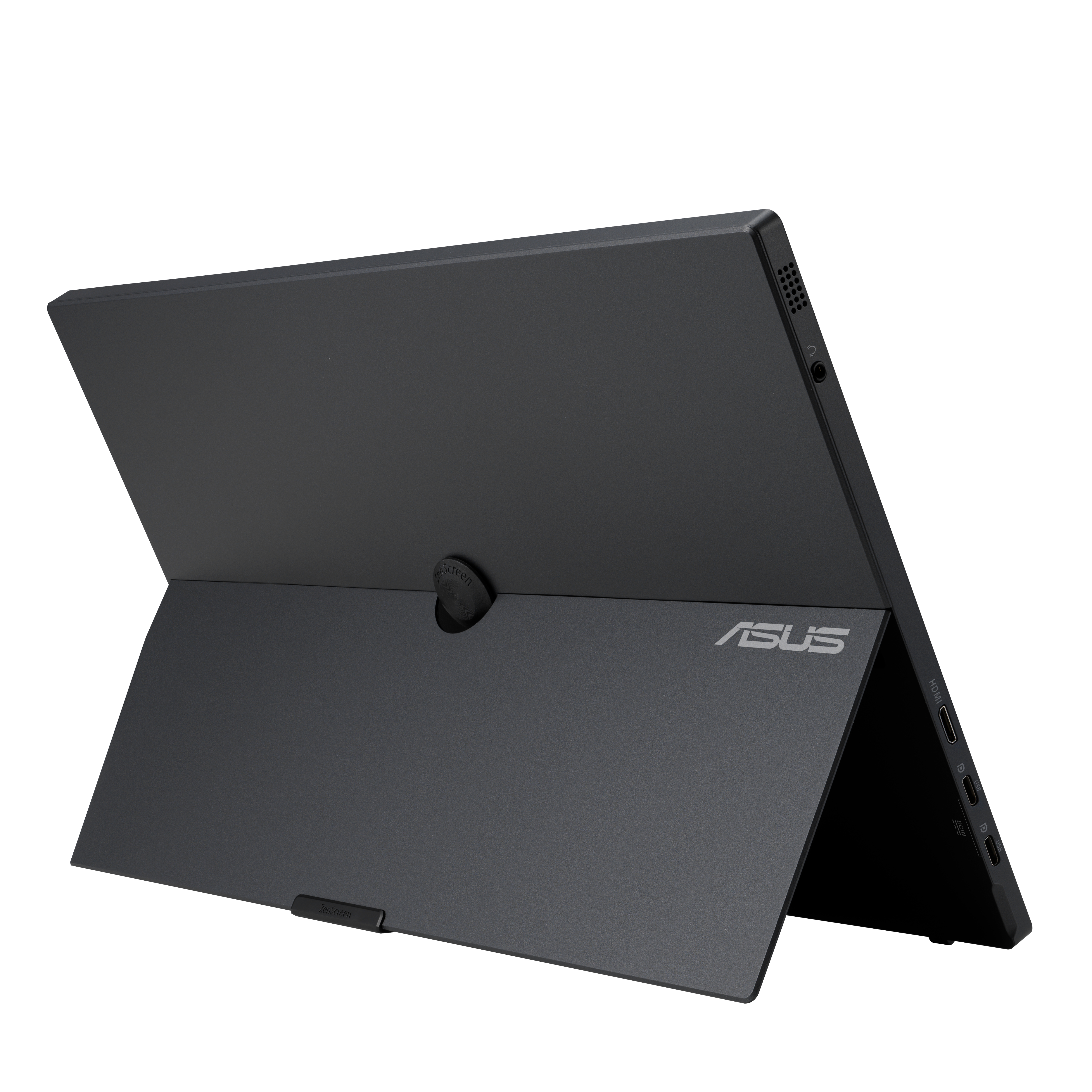 Black ASUS monitor, angled, with a foldable design and the ASUS logo.