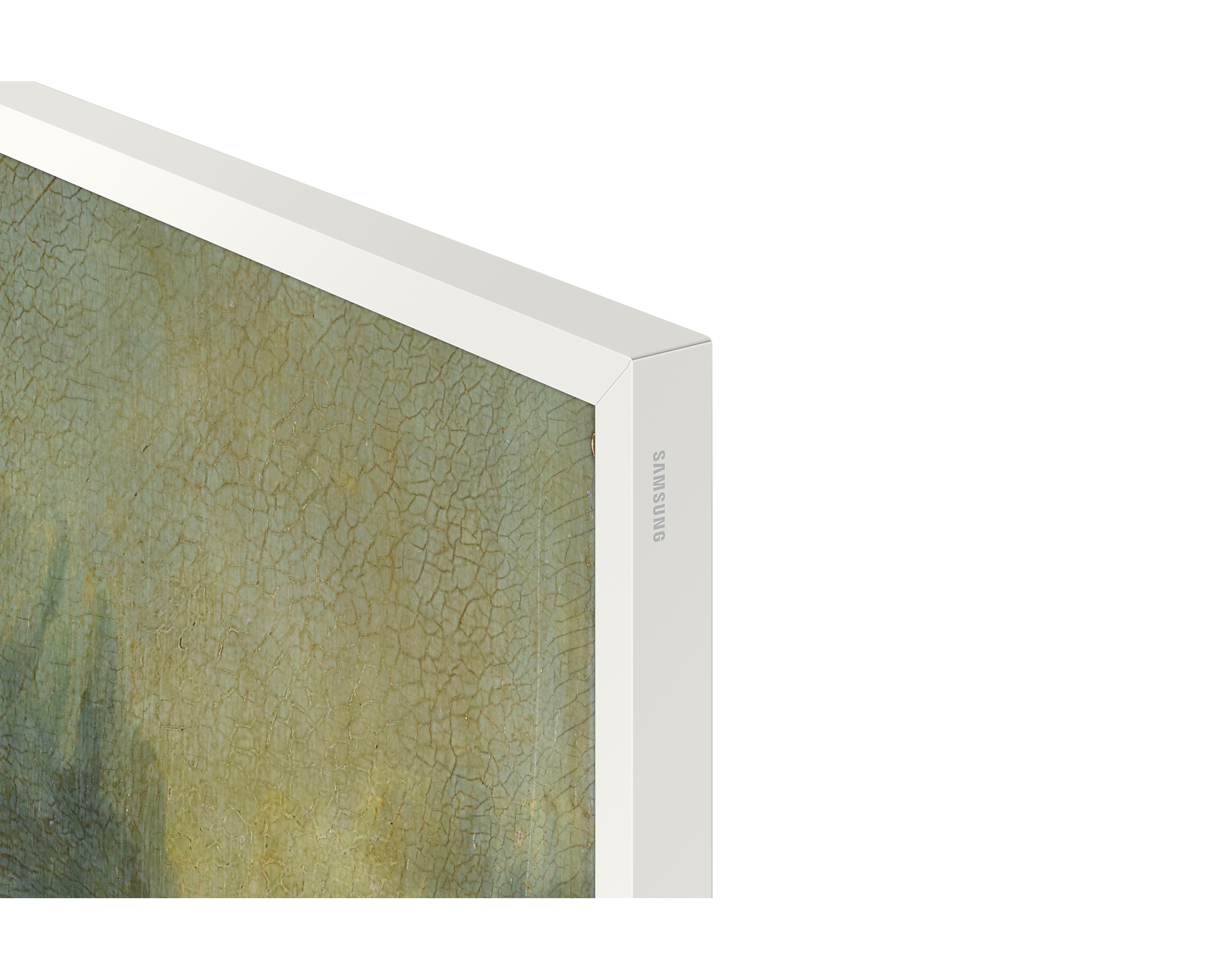 Zbliżenie telewizora z białą ramką i malarstwem krajobrazowym na ekranie.