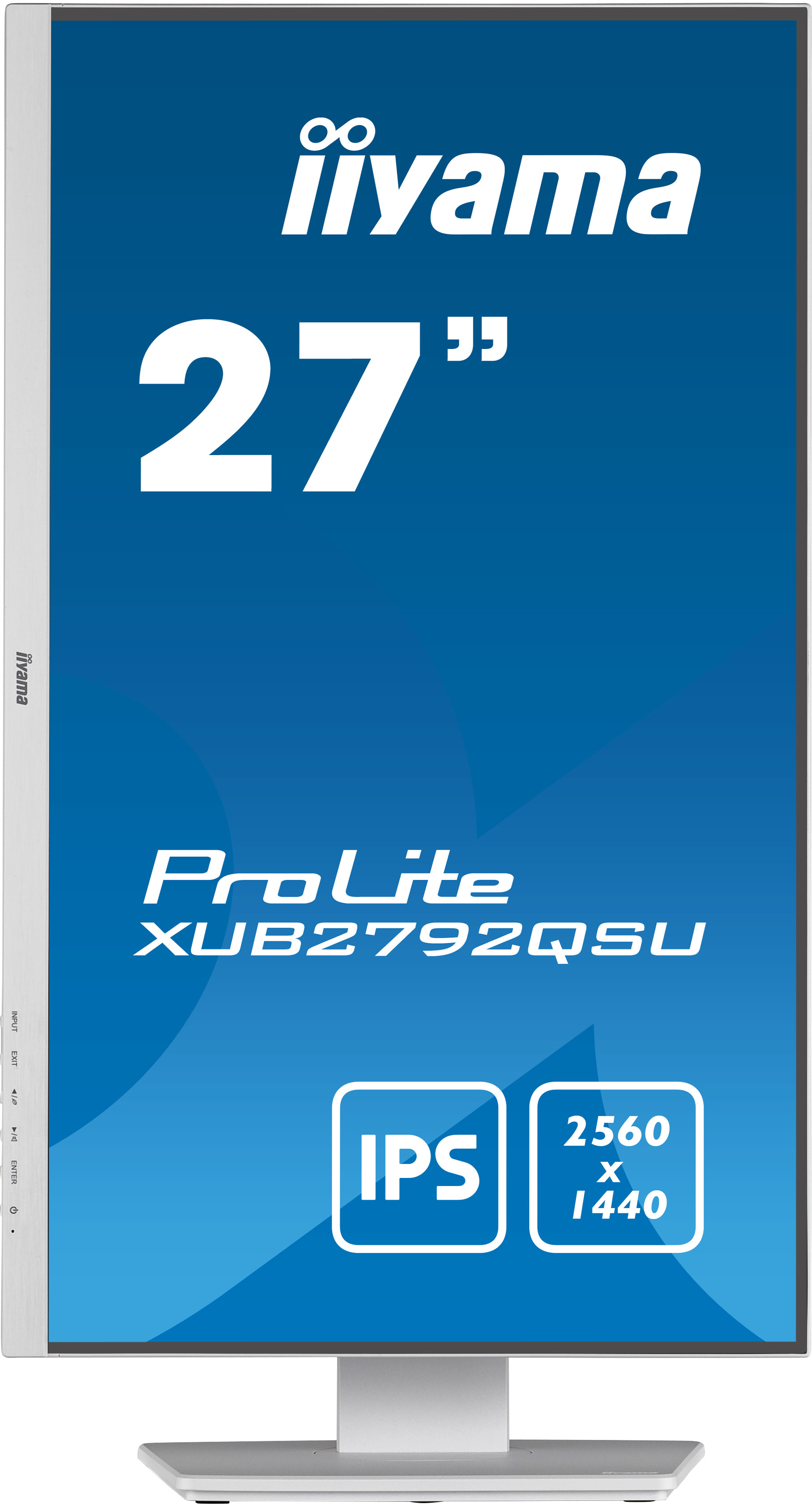 Monitor Iiyama de 27 pulgadas. Fondo azul, texto e iconos. Soporte blanco.