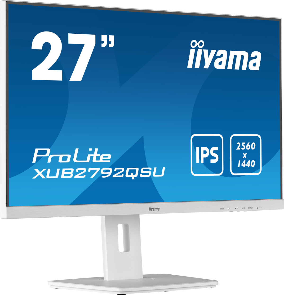 Monitor Iiyama blanco y plateado con texto y especificaciones en la pantalla, sobre soporte blanco.