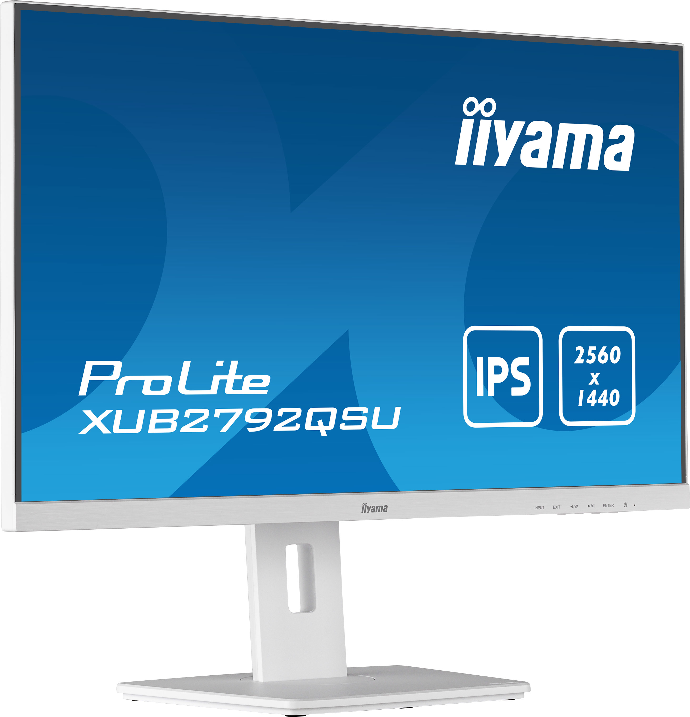 Un monitor blanco con texto y logotipos. Marco y soporte blancos.